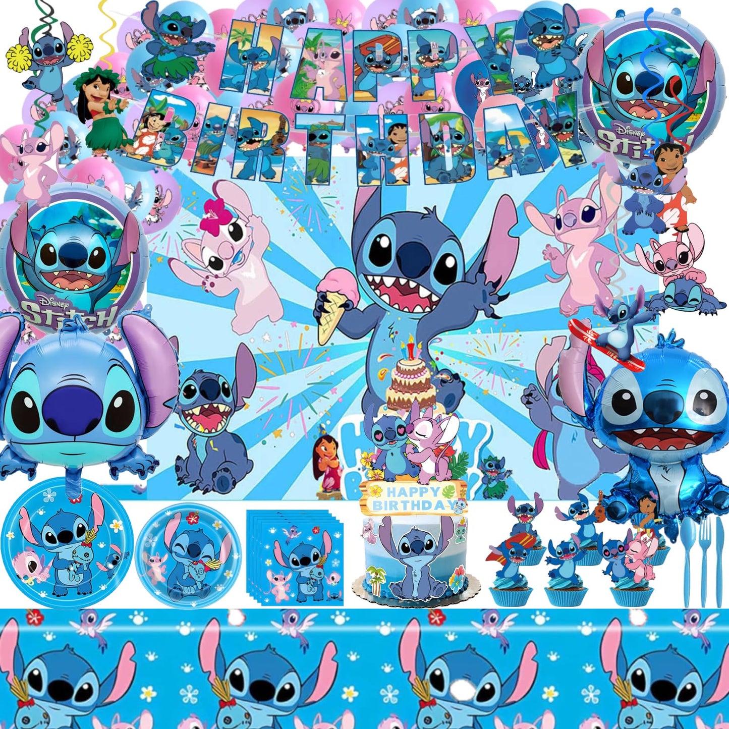 Higyther For Stitch Birthday Party Supplies Set, 123 Pieces, Party Decoration Kit with Banner, Balloons, Plates, Backdrop, Hanging Swirls，Cupcake Topper，Blue