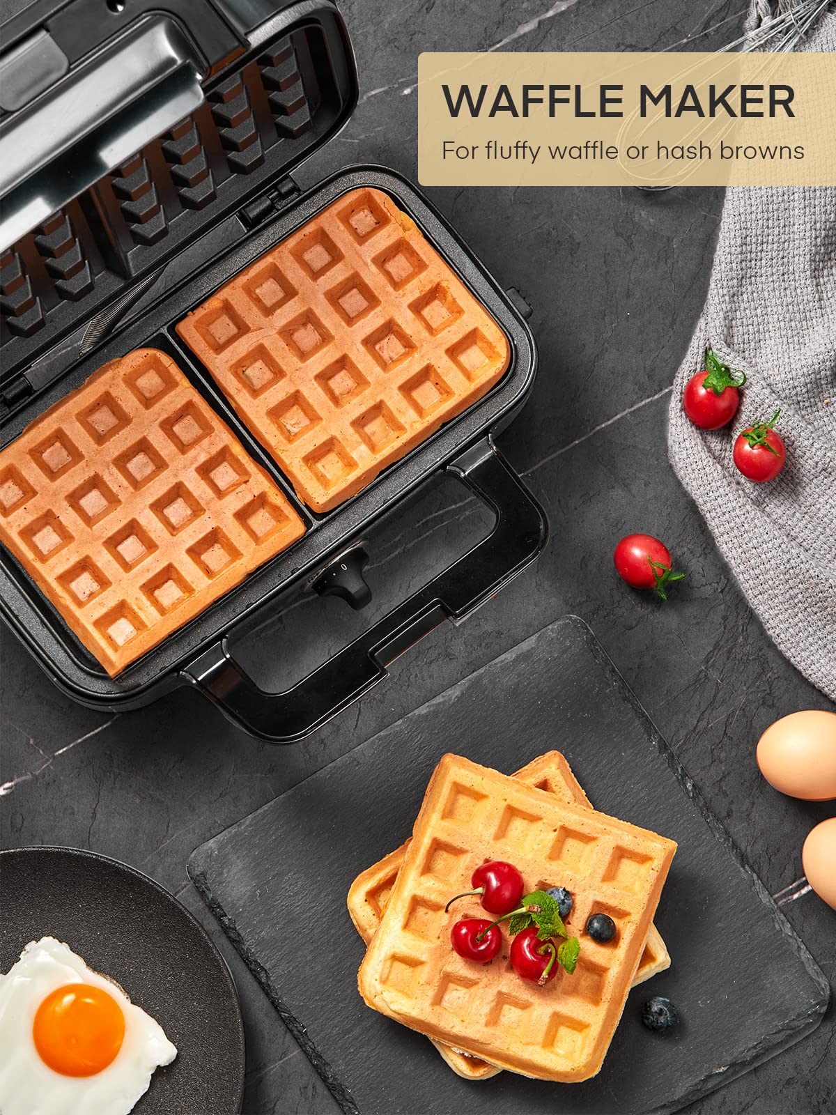 FOHERE 3-in-1 Sandwich Maker, 1200W Waffle Maker & Panini Press Grill, 3 Removable Non-stick Plates, 5-Gear Temp Control, Grilled Cheese Maker, Quick Breakfast, LED Indicators, Stainless Steel/Black