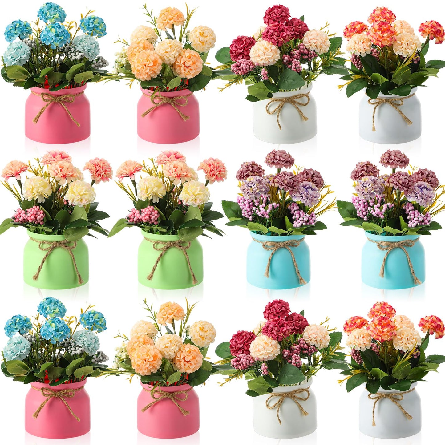 Suncalla 12 Pcs Hydrangea Artificial Flowers in Vase Artificial Hydrangea Potted Small Fake Flowers Table Centerpiece Decoration Arrangement Faux Floral Indoor for Mom Wedding Home Office