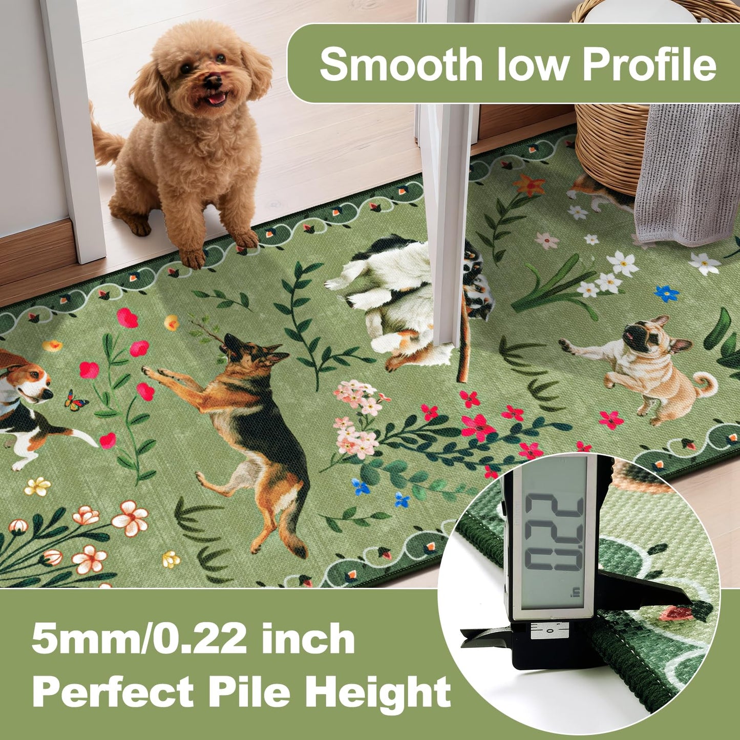 LOKHOM Hallway Runner Rug 2x8 Washable Animal Dog Print Linen Kitchen Rug with Rubber Backing, Non Slip Low Pile Soft Boho Floral Carpet for Entrance Laundry Bedroom, Green