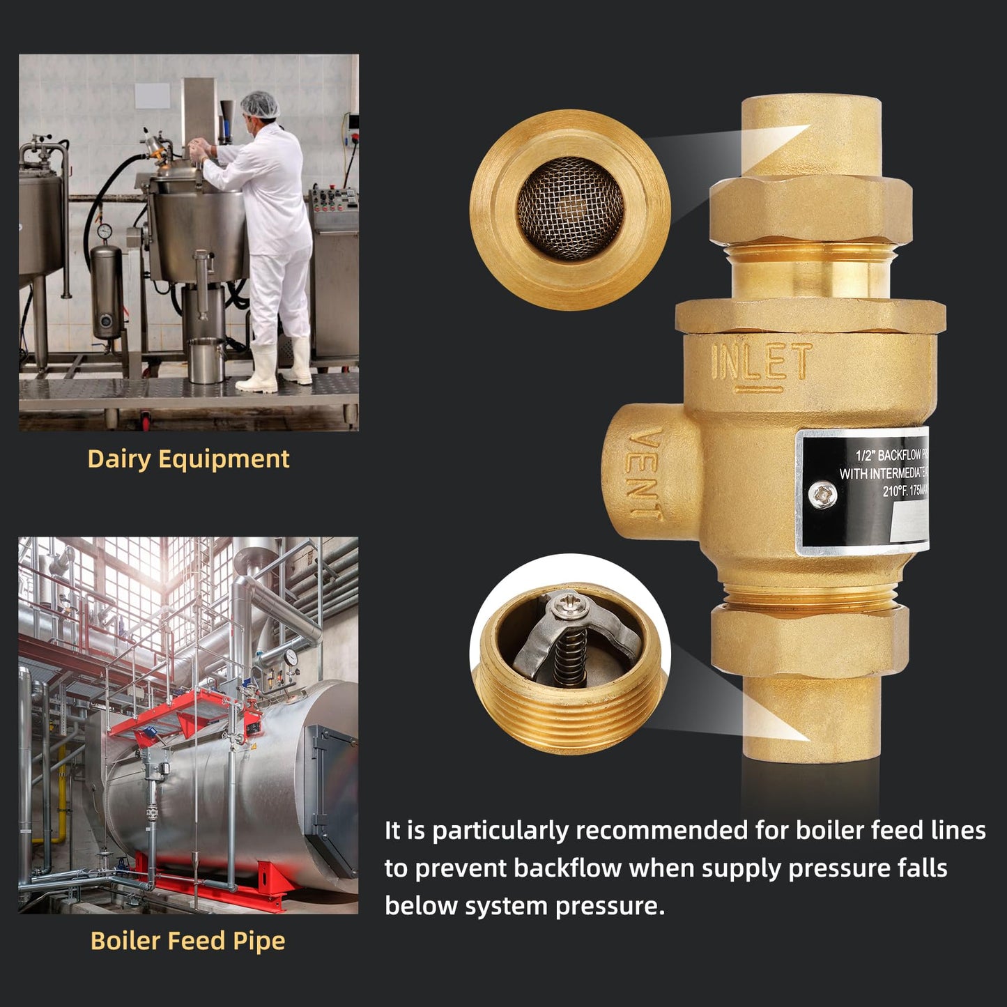 1/2" 9D-M3 Backflow Preventer Brass Dual Check Valve with Intermediate Atmospheric Vent,1/2 Inch,Female Union Inlet and Outlet,190T012,Replacement for Watts
