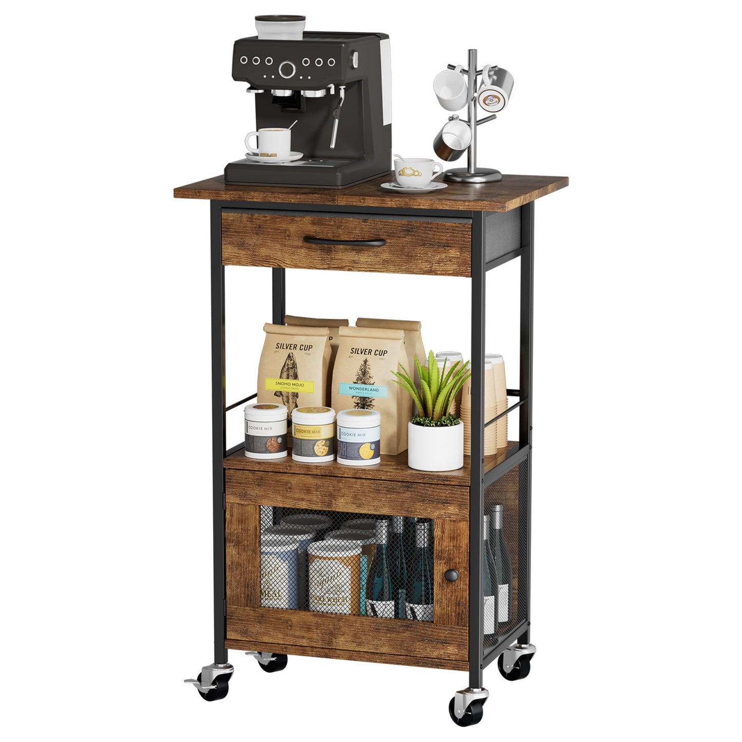 SWTYMIKI Buffets Coffee Bar Cabinet - Rolling Kitchen Rack, Farmhouse Small Coffee Stand with Storage Drawer and Door Cabinet - Kitchen Microwave Stand for Apartment, Living Room, Entryway, Espresso