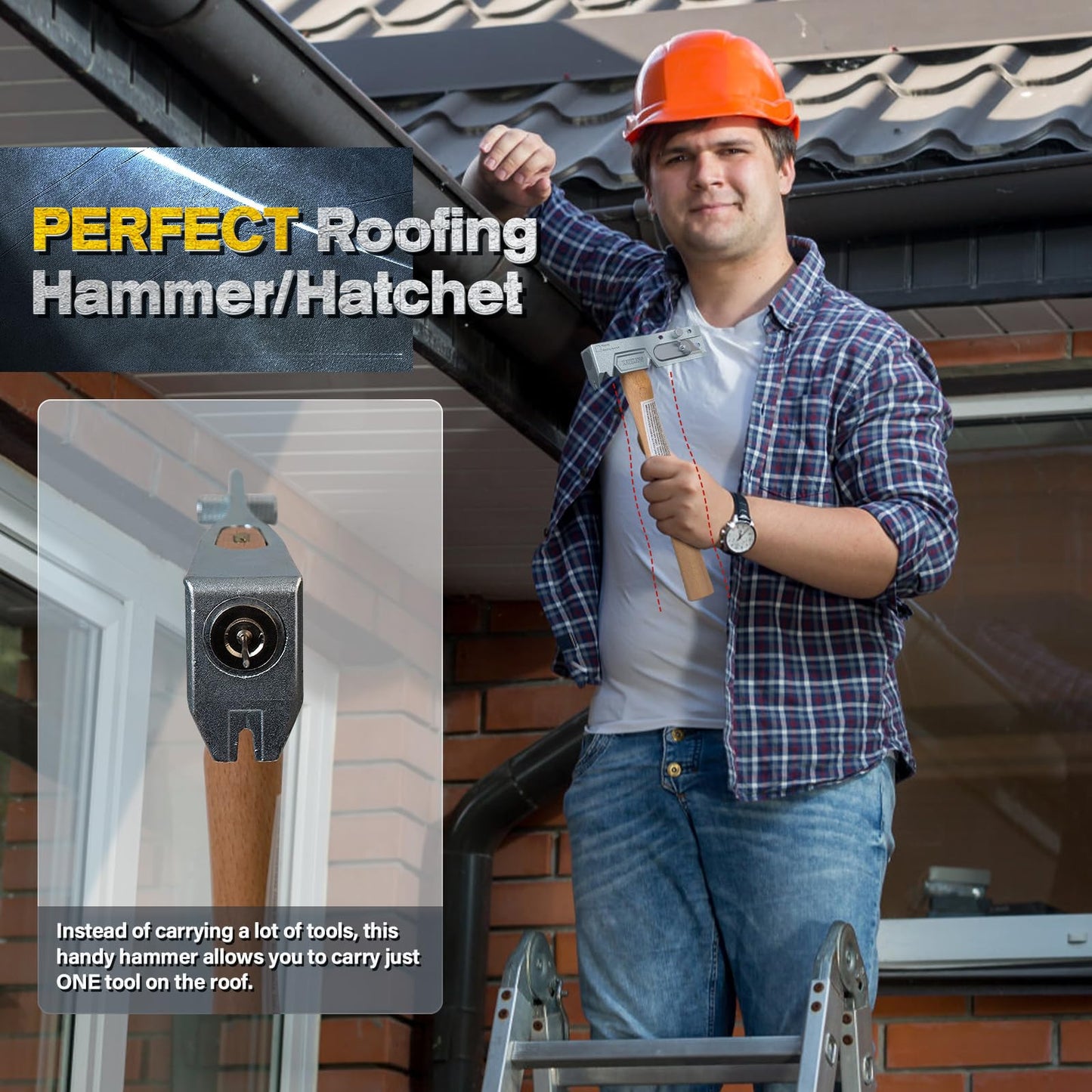 Magnetic Roofing Hatchet – Multi-Function Hammer for Roof Repair with Strong Magnet, Sliding Gauge, Built-in Utility Knife, and Nail Claw