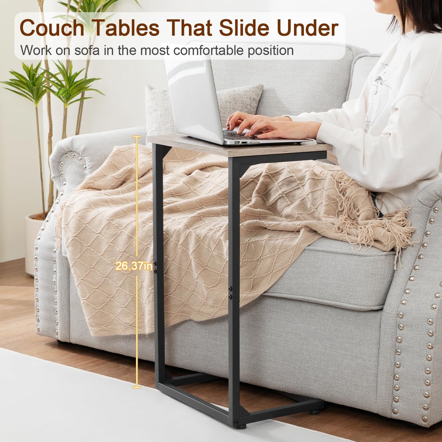AMHANCIBLE C Shaped End Tables Set of 2, Couch Side Tables that Slide Under Sofa, TV Trays for Living Room, Bedroom, Small Space, Grey, HET02BGY