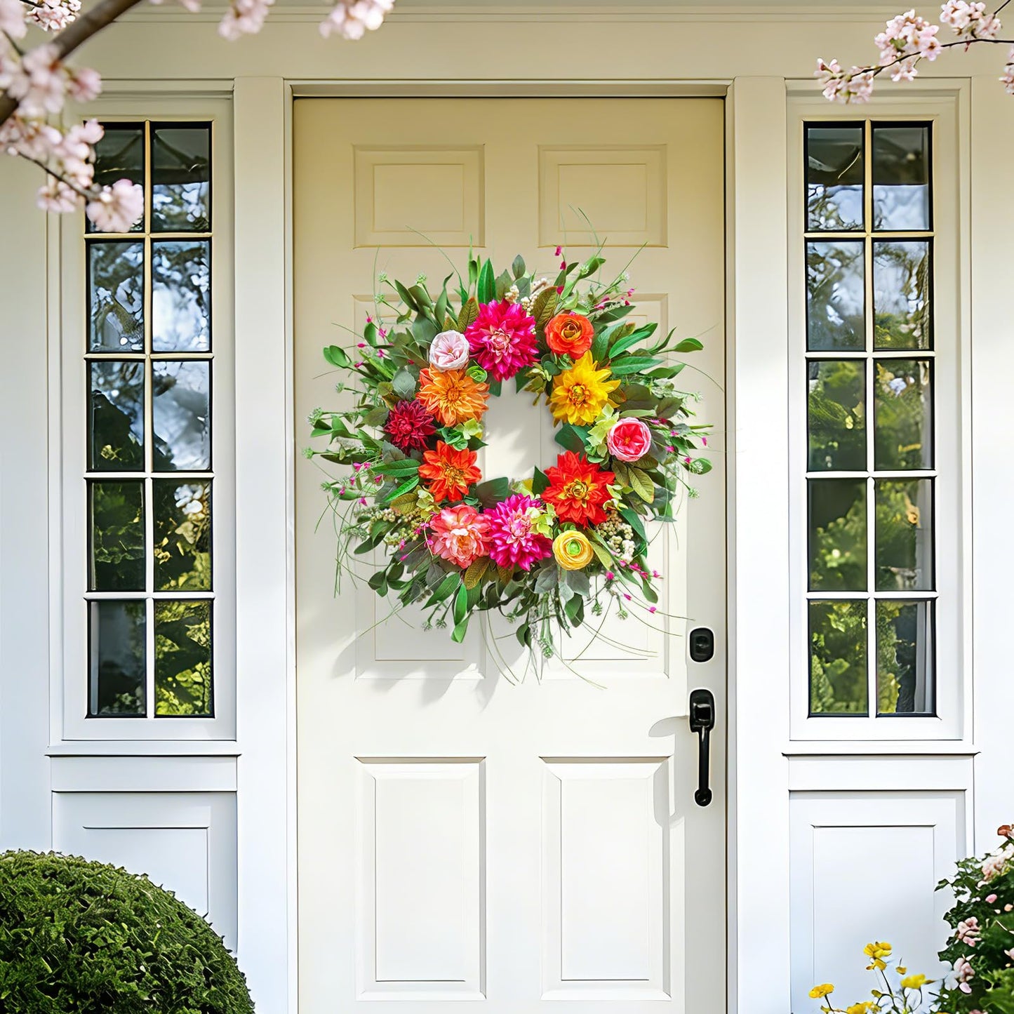 Spring Wreaths for Front Door Outside,24 Inch Summer Wreath with Peony Dahlia Rose and Greenery,Outdoor Wreath for Farmhouse Wall Porch Home Decor
