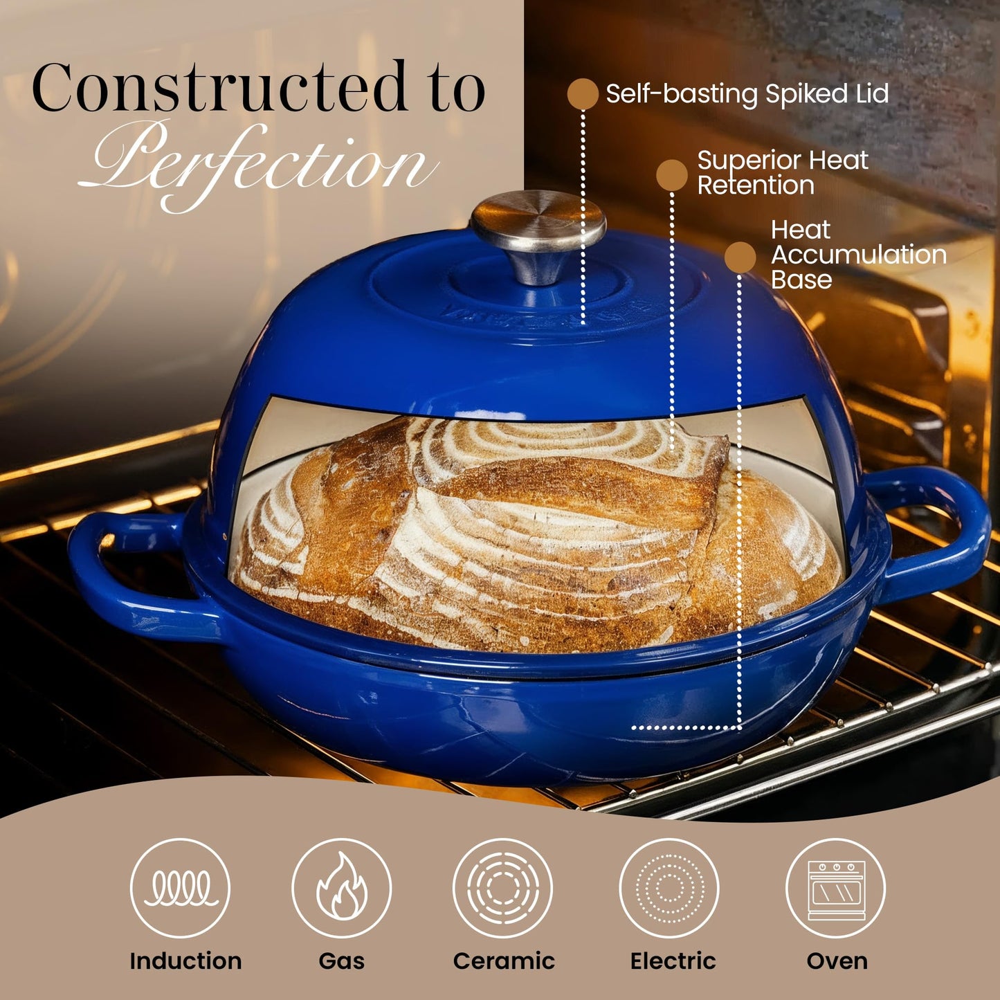 Enamelled Cast Iron Dutch Oven Pot – Dutch Oven For Sourdough Bread Baking – Cast Iron Bread Pot – Dark Blue, 6 Quarts, 26cm – by Nuovva