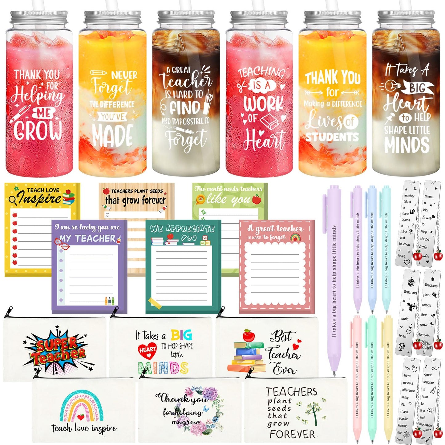 SiliFine 36 Pcs Teacher Appreciation Gift Set Back to School Best Teacher Gifts for Women 6 Set Thank You Tumbler with Lids Straws Makeup Bags Ballpoints Sticky Notepads Bookmark Pendant