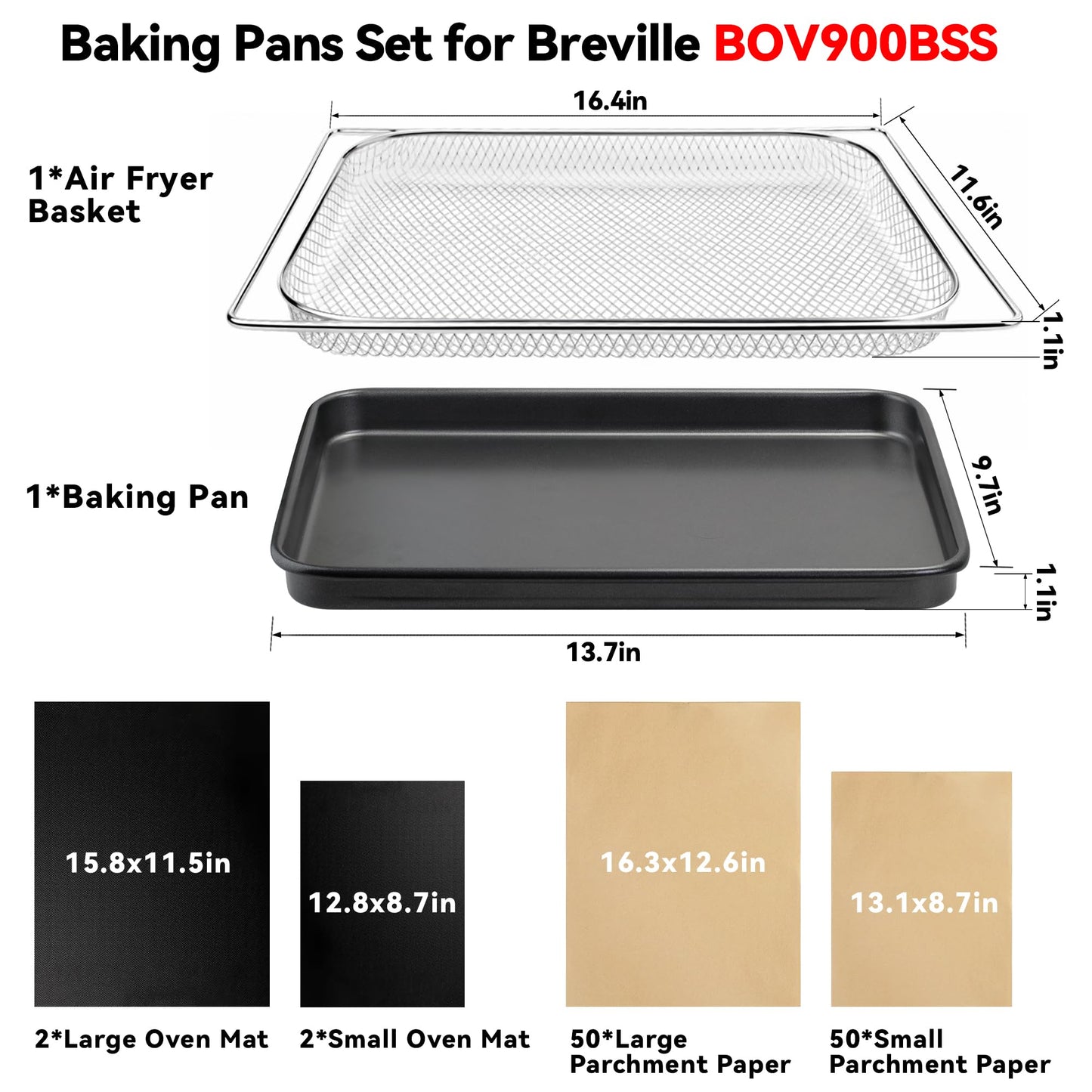 Air Fryer Accessories Compatible with Breville BOV900BSS Smart Oven Air Fryer Pro, Baking Pans Set with Baking Tray, Parchment Paper and Oven Mats for Breville BOV900BSS