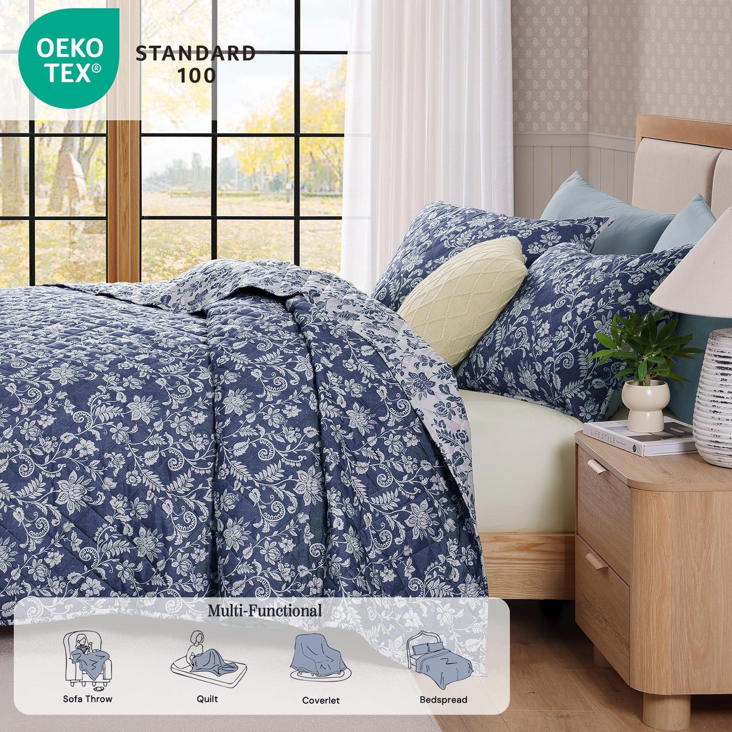 BLOOMHAVEN Quilt Set Queen Size, Oxford Blue Floral Quilt Sets, Reversible Bedspread Lightweight and Breathable for All Seasons, Soft Quilted Bedspread with 2 Pillow Shams