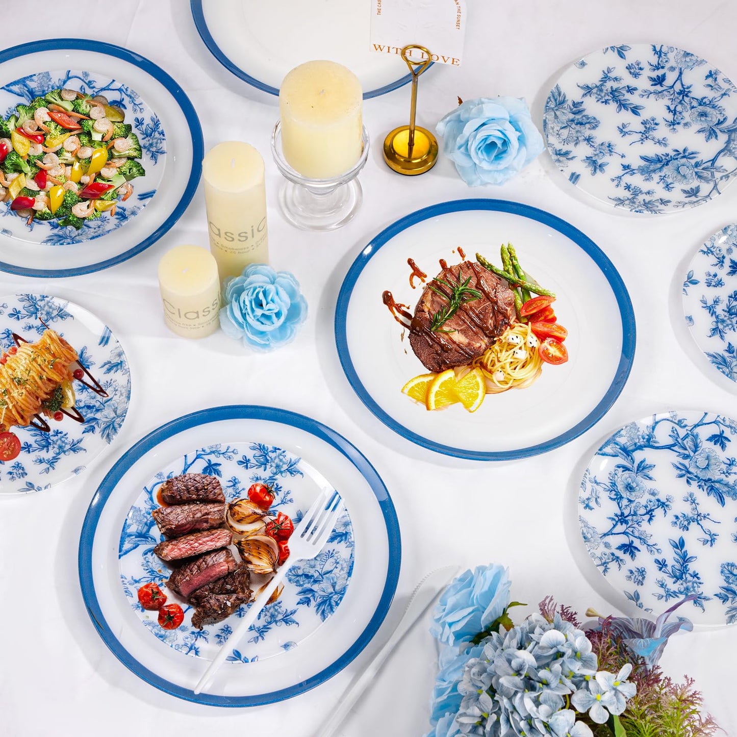 EI 60pcs Blue and White Floral Plastic Plates Fancy Blue Floral Disposable Heavy Duty,10.25inch Dinner Plate and 7.5inch Dessert Plate,Disposable Nice Plastic Plates for Party,Wedding(Value,Elegant)