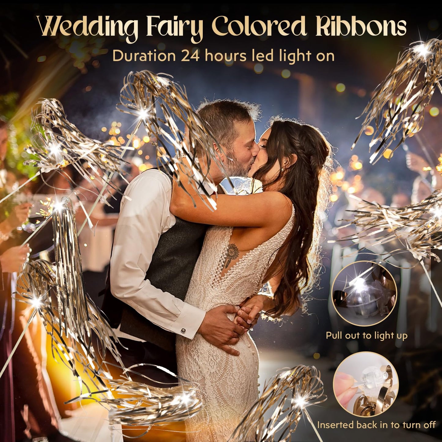 TBOLLY 100 pcs Wedding Wands Light up with LED Tinsel Wedding Streamers for Wedding Send off and Greeting Ideal Props for Weddings, Birthday Parties, Christmas Cheerleading Games (Champagne)