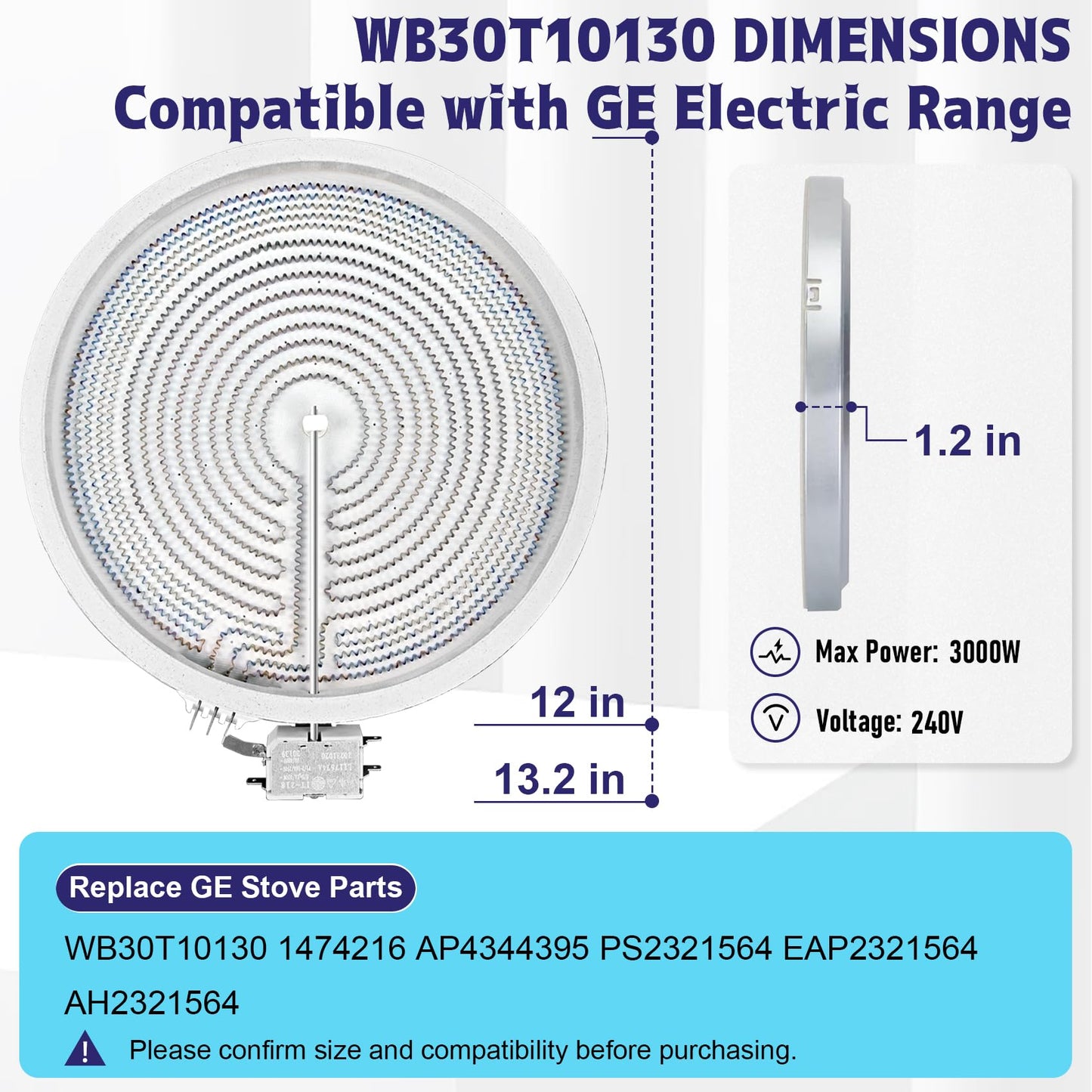 Upgraded WB30T10130 Range 12" Dual Haliant/Radiant Surface Element Compatible with GE Electric Stove, 12-inch haliant element, Glass Top Stove Burner Replace AP4344395, PS2321564, AH2321564, 1474216