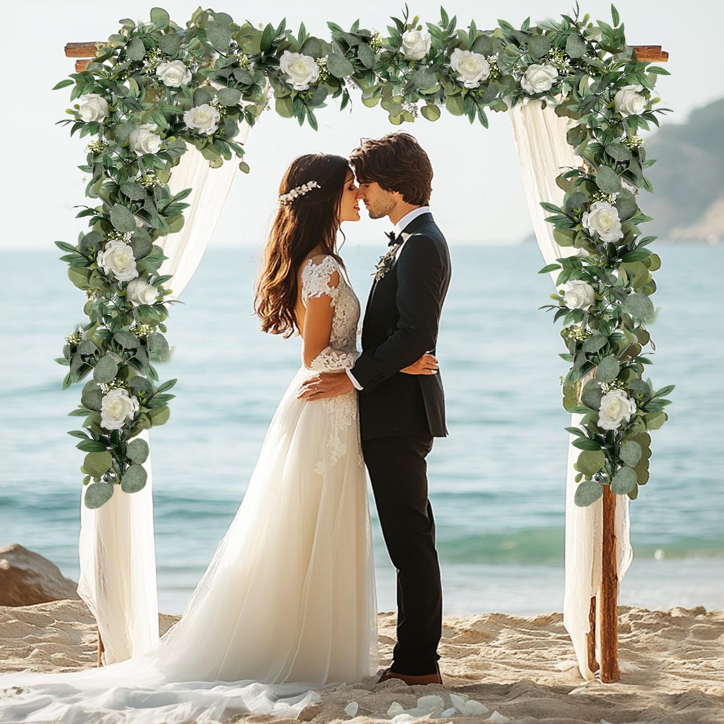 2 Pack Artificial Spring Eucalyptus Flower Garland with White Roses, 13Ft Fake Flower Greenery Floral Green Garland Vines for Wedding Arch Table Runner Backdrop Mantle Home Decorations (White)