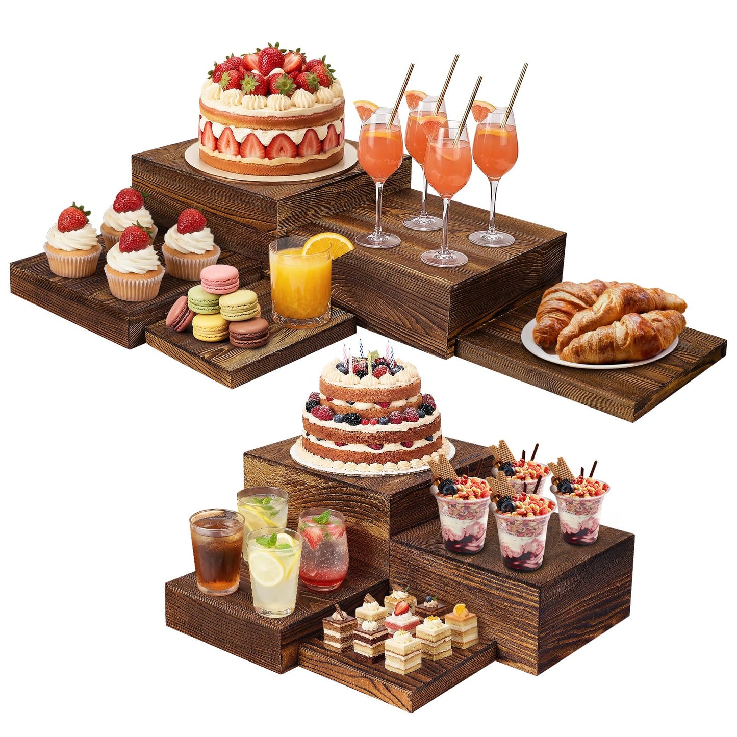 LEIFEOSH 9 Pack Wooden Risers Display Stands Square Food Risers for Buffet Party Rustic Wood Cake & Cupcake Stands Nesting Box Wooden Crates for Display (9, Brown)