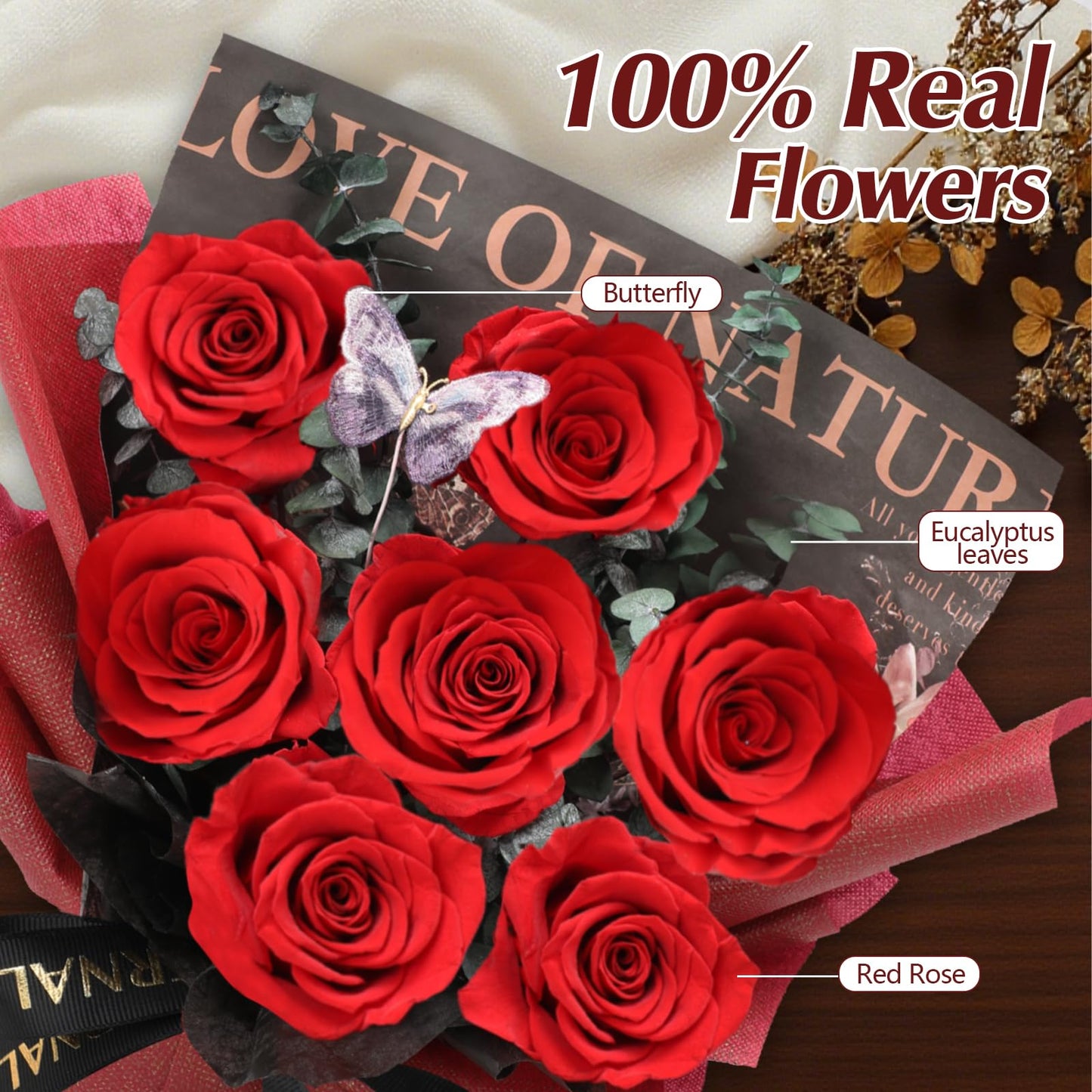 Casaido Preserved Flowers for Delivery, 7 Red Roses Bouquet, Mothers Day Rose Gifts for Women, Valentines Rose Gifts for Mom Wife Girlfriend, Forever Real Flowers for Christmas Birthday Anniversary