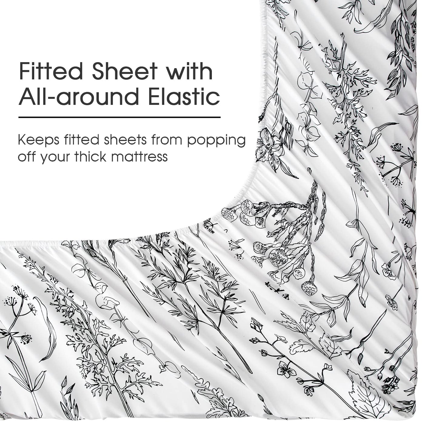 HYPREST 6 Piece King Size Sheets Set, Floral Sheets White and Black Patterned Sheets Deep Pocket up to 18 inches