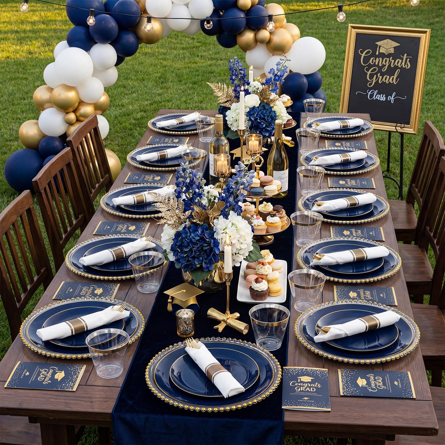 KIRE 175Pcs Blue Plastic Plates - Navy Blue Plates Disposable - 25 for Dinner 25 for Dessert 25 Pre Rolled Napkins with Gold Plastic Silverware and 25 Cups for Memorial Day/Graduation/Father's Day
