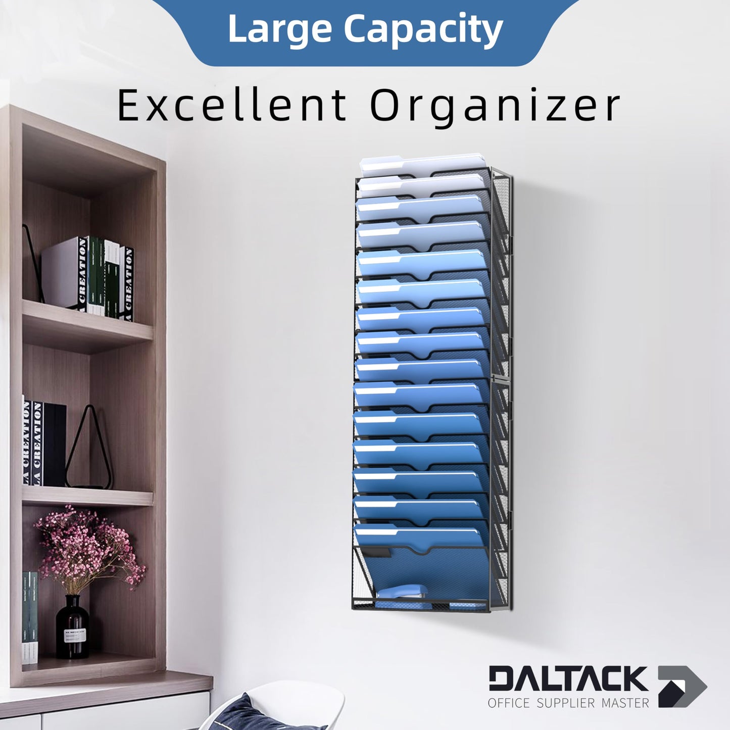 DALTACK Wall File Holder 16 Tier Hanging Wall File Organizer, for Papers Mails Folders Clipboard Magazine Organization for Office Home School Classroom, Mesh Metal, Assembly Needed, Black