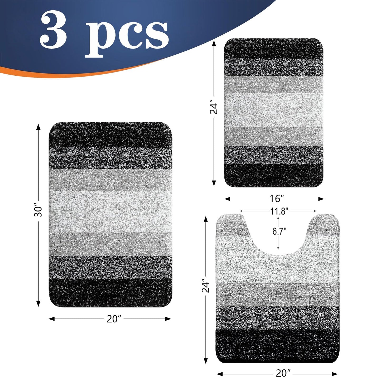 OLANLY Bathroom Rugs Sets 3 Piece, Soft Absorbent Microfiber Bath Mats and U-Shaped Contour Toilet Rug, Plush Shaggy Bath Mat Set for Bathroom (30"x20"+24"x16"+24"x20", Black)