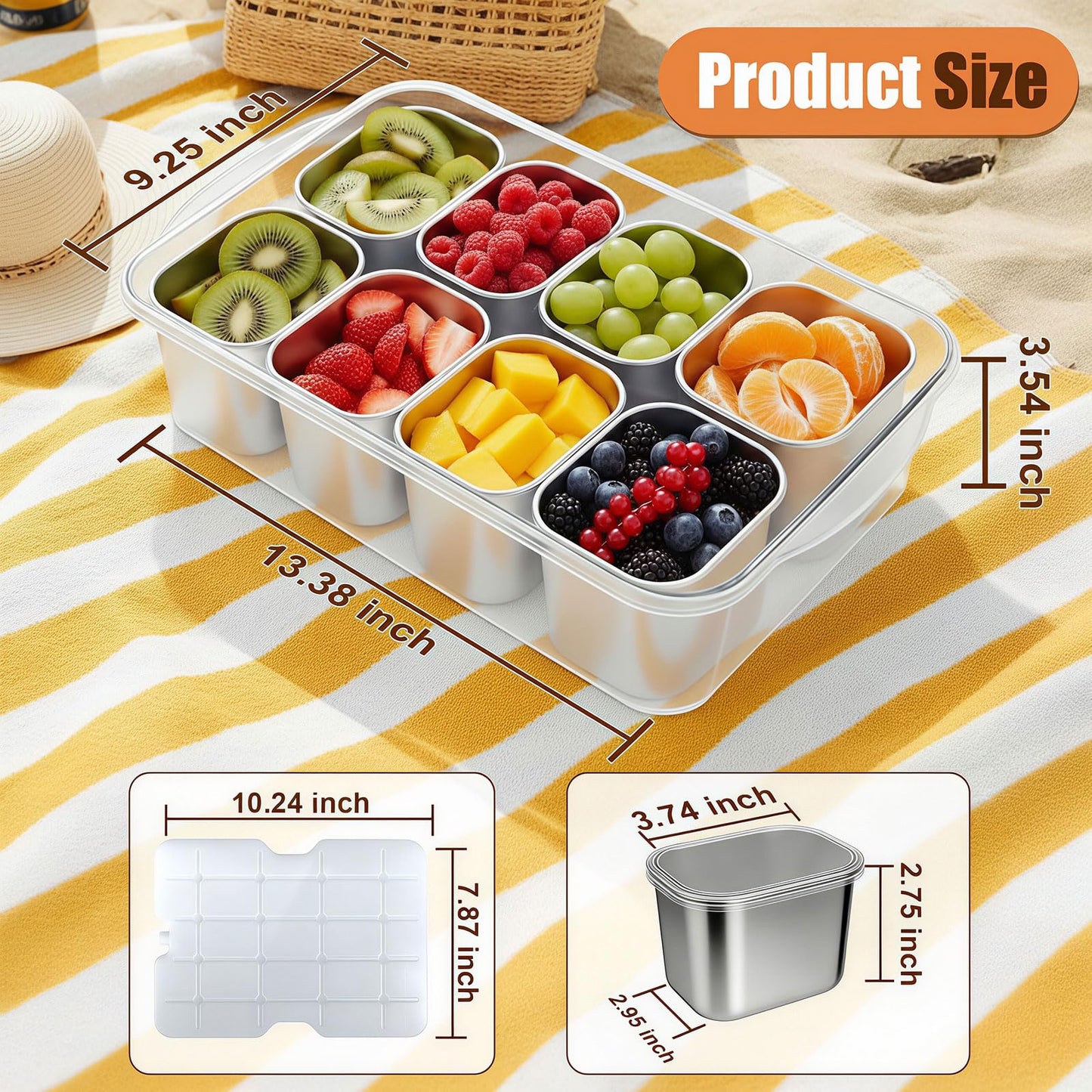 Snackle Box Container with Ice Pack, 304 Stainless Steel Divided Serving Tray, Snacklebox with Insulated Bag, 8 Compartment Platter Box with Lid and Handle for Beach, Road Trip, Boat Days, Pool Party