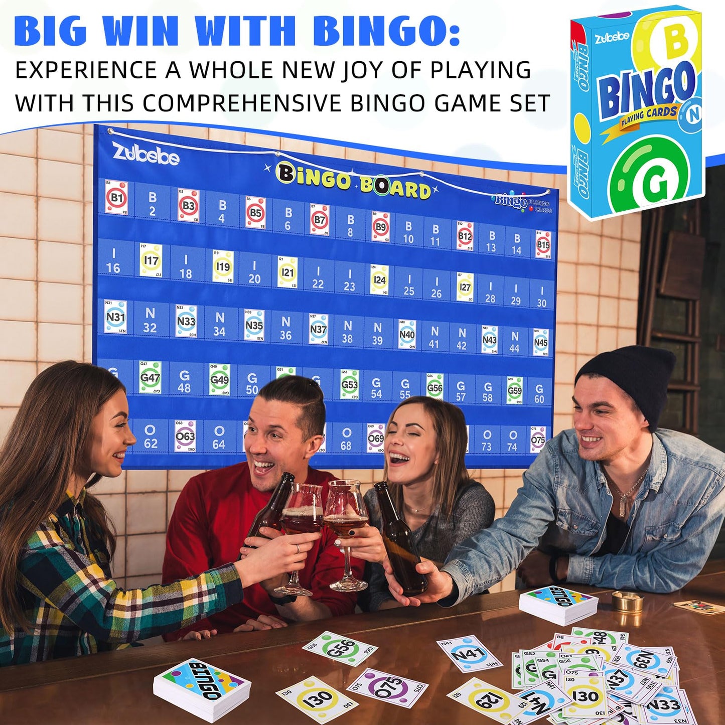 Zubebe 2 Pack Manual Bingo Masterboard Pocket Chart with Bingo Calling Cards Deck Reusable 59×35 Giant Bingo Poster with 75 Pockets for Family Number Bingo for Adults Large Board Groups