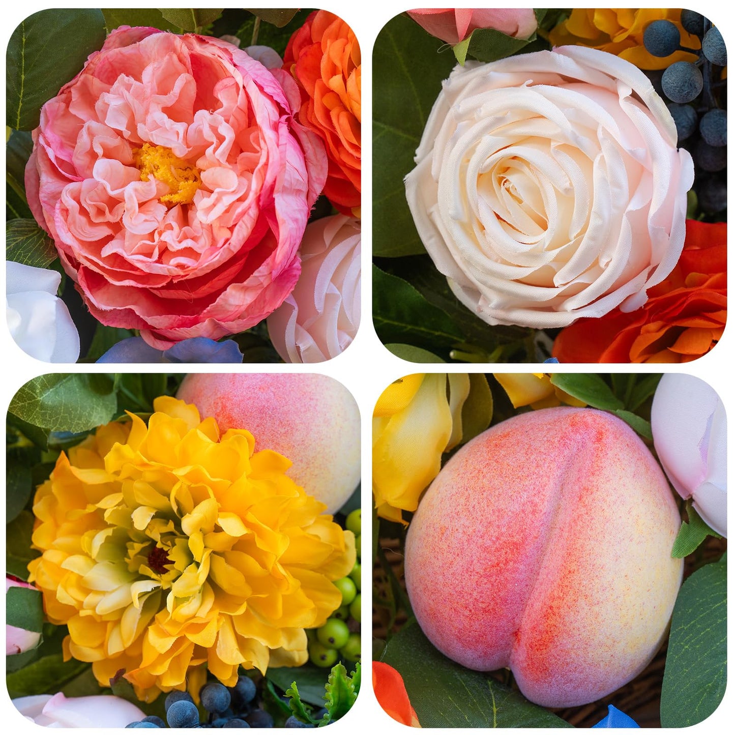 Pinkpuii Spring Wreaths for Front Door 24 Inch Vibrant Spring Summer Wreath with Peonies,Roses,Marigolds,Blueberries & Realistic Fruit Accents (Peach, Lemon)- Ideal for Porch,Entryway,Wall,Window