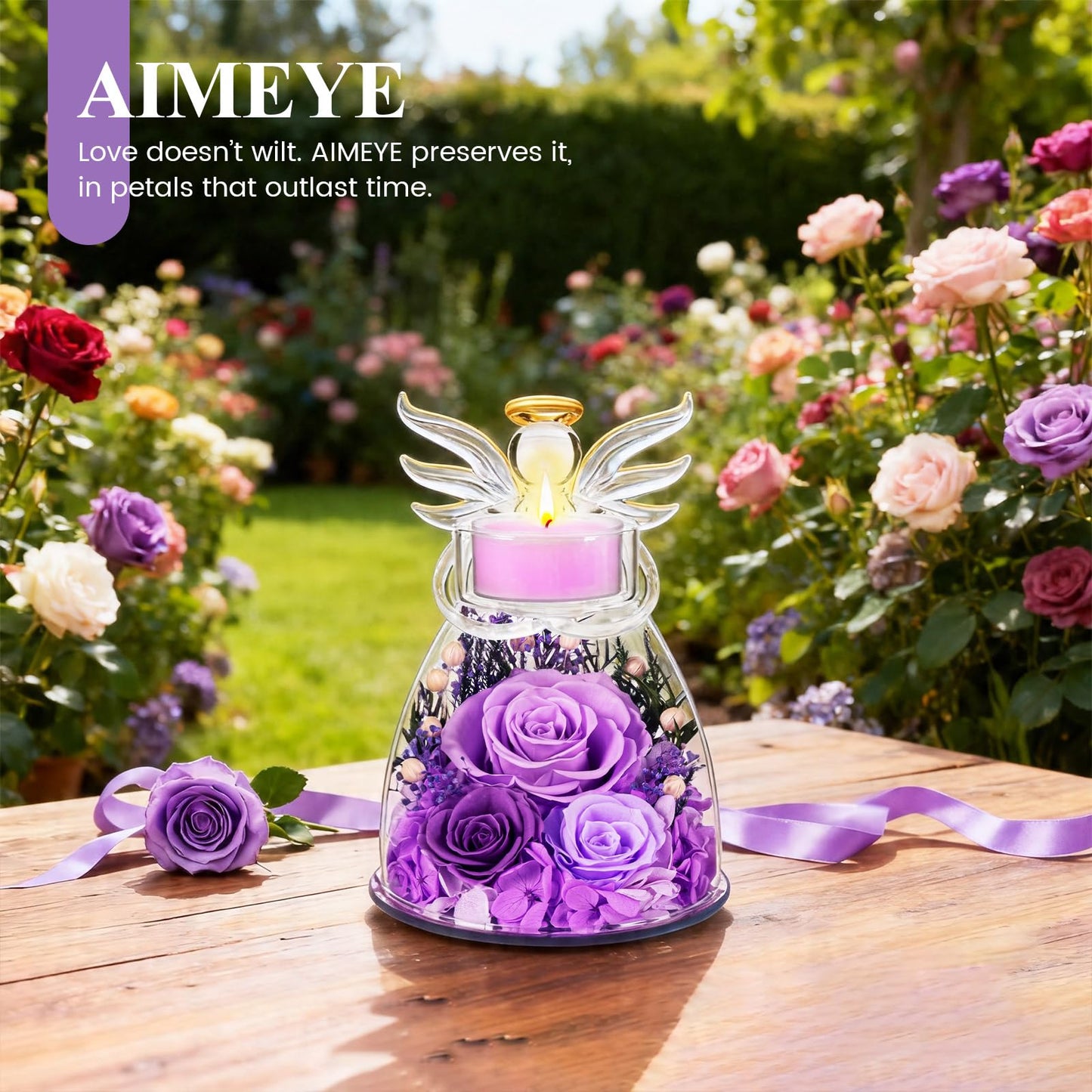 Agrul Mothers Day Roses Gifts for Mom Women,Preserved Real Flowers Roses in Glass Angel Figurines Candle Holder with Tealight Candle Holder/Purple