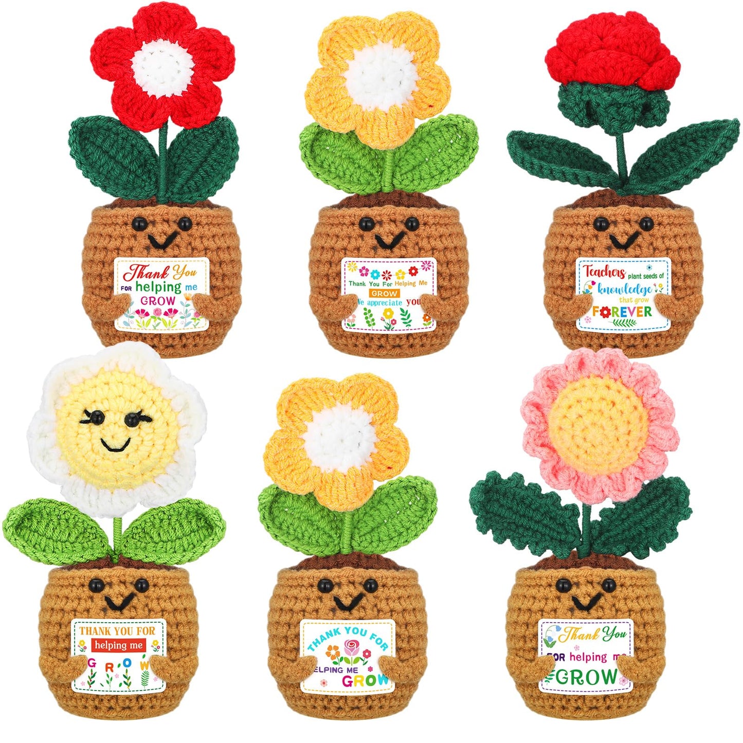 Wavwavw 6 Pcs Teacher Appreciation Gift in Bulk Thank You for Helping Me Grow Teacher Thank You Gift Sunflower Crochet Doll with Card for Graduation Birthday from Students