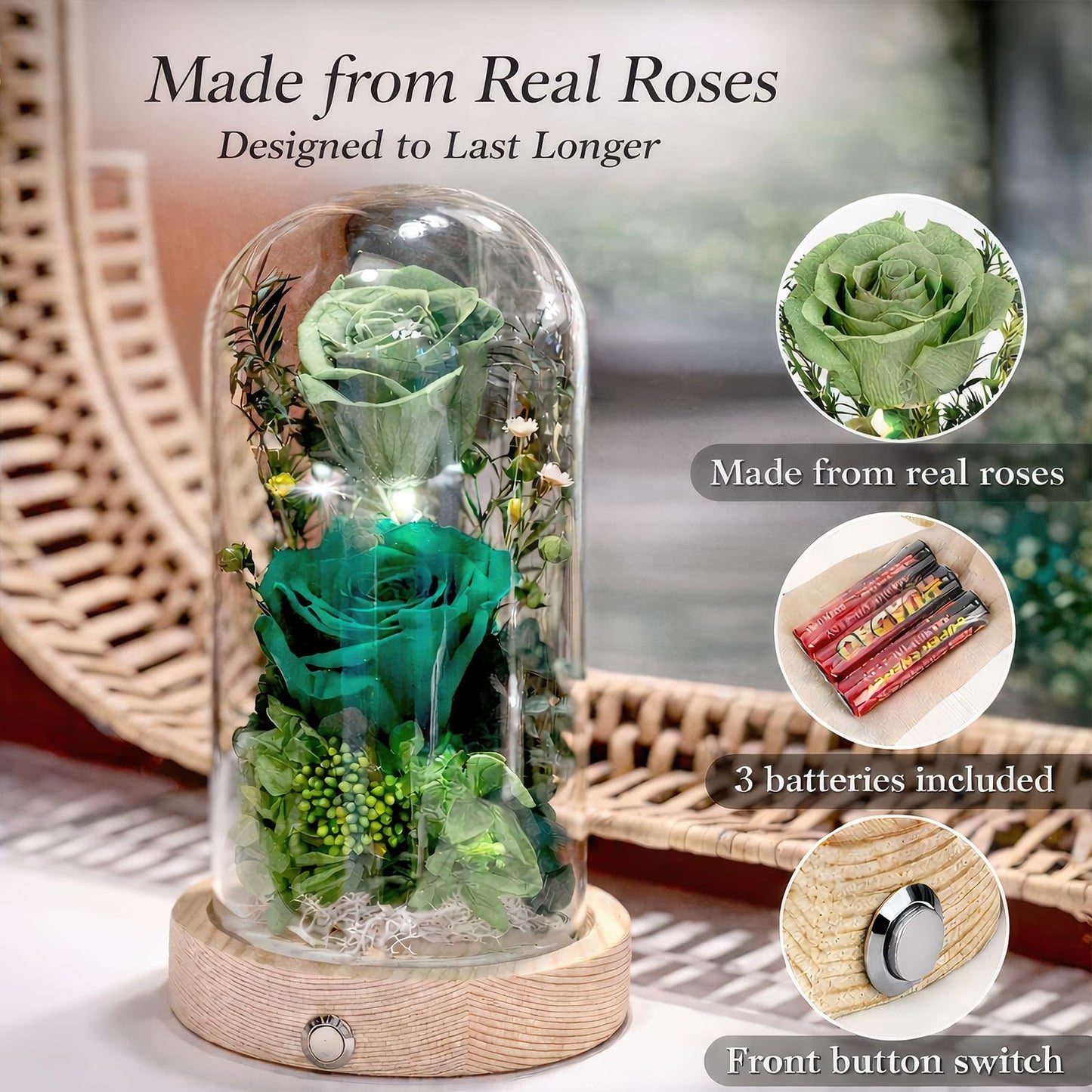 Regalo Flor Preserved Flowers Gifts for Women, Green Preserved Roses in Glass Dome, Real Roses Flower Arrangement, Forever Flowers for Mom, Birthday Gifts for Women, Flowers for Delivery Prime