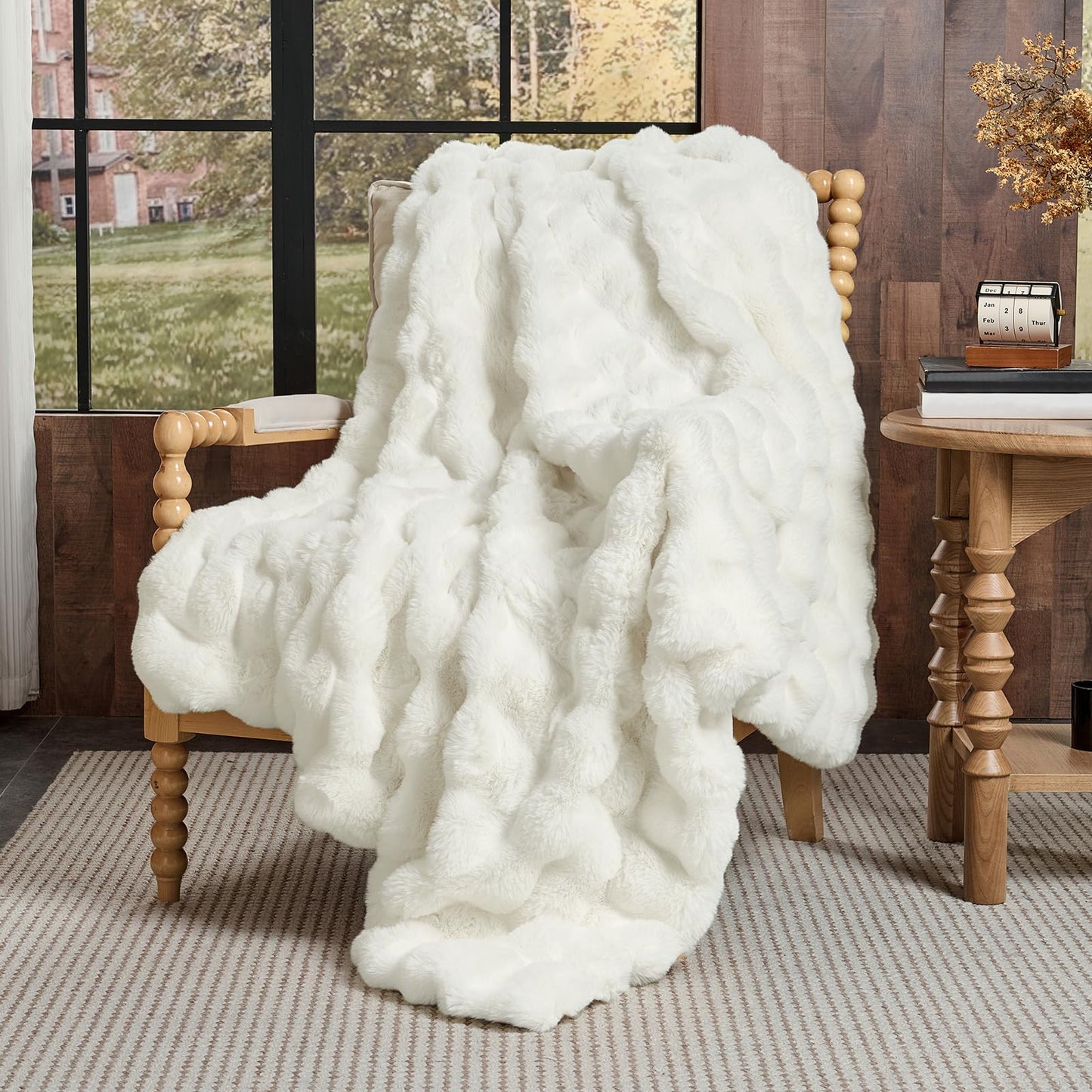 Lotus Karen Queen Size Faux Fur Blanket - Cream White Big Bubble Rabbit Fluff, 90x90 Inches