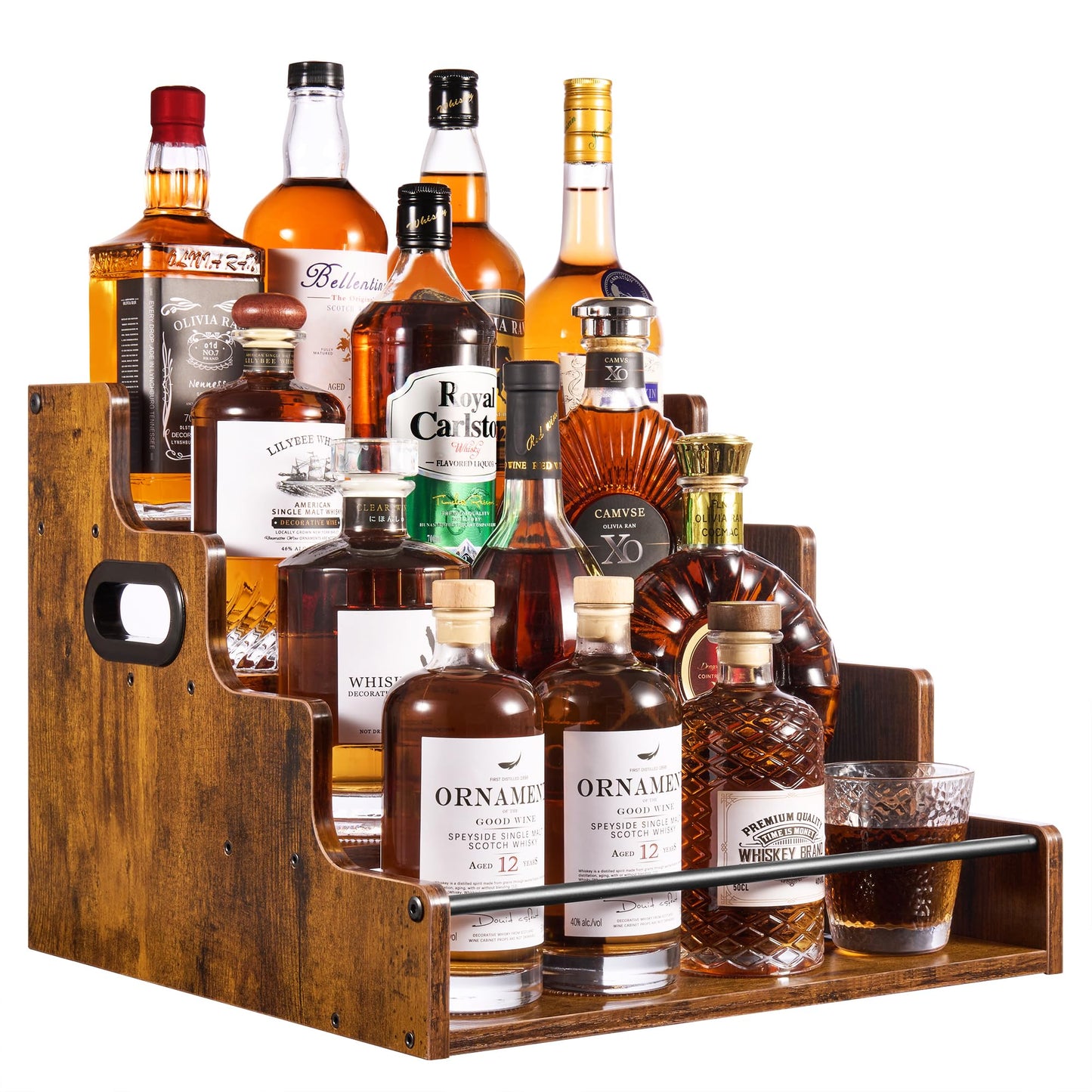 YQBRAO 4-Tier Tiered Liquor Bottle Display Shelf - 16-Inch Rustic Wood Liquor Rack & Coffee Syrup Organizer - Heavy-Duty Countertop Spice Rack with Guardrails & Handles for Bar, Kitchen, Office