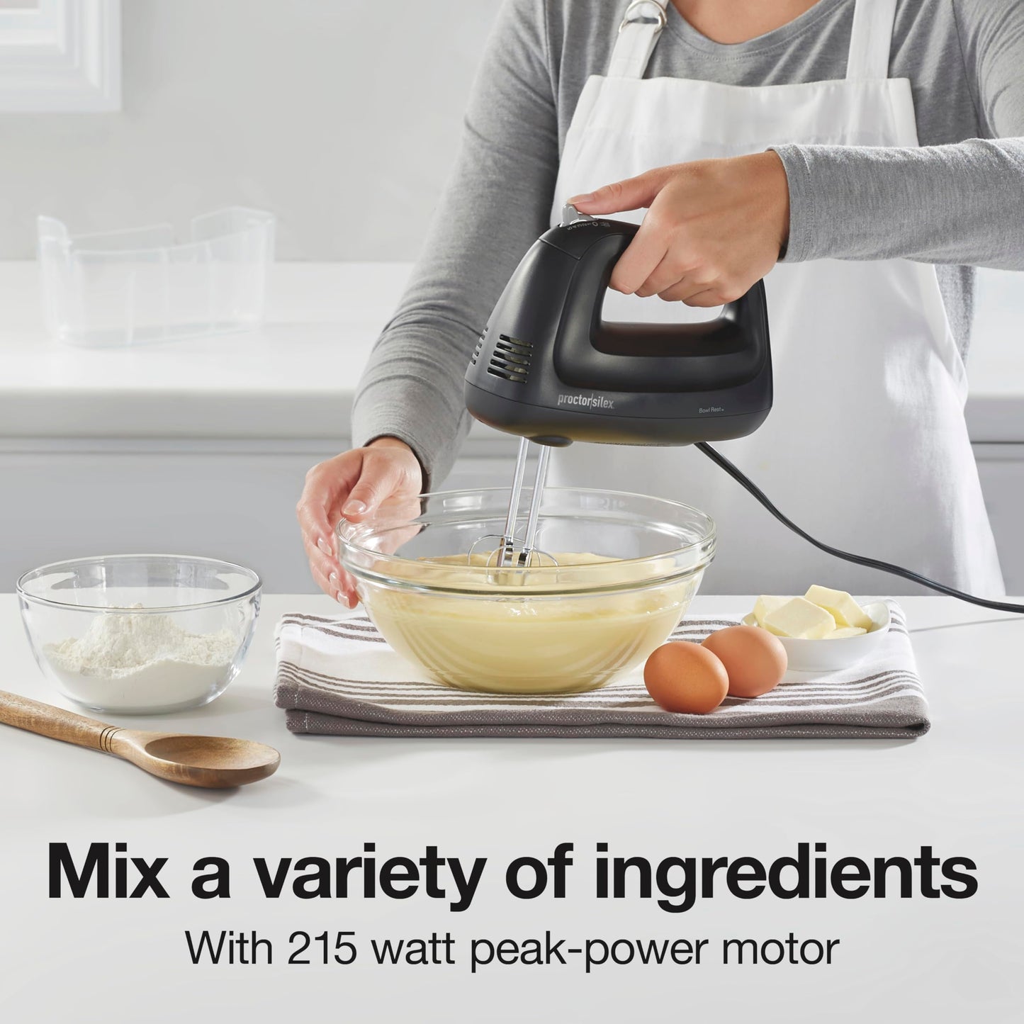 Proctor Silex Easy Mix 5-Speed Electric Hand Mixer with Bowl Rest, Compact and Lightweight, 215 Watts of Peak Power, Storage Case, Black (62512)