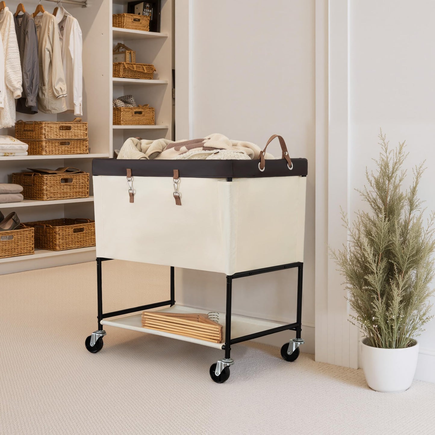 StorageWorks Laundry Cart, 2 Tier Rolling Laundry Basket, Heavy Duty Laundry Basket with Lockable Wheels, Laundry Room Organization and Storage, Clothes Hamper for Bedroom, Dorm, Closet, 46Gal, Beige