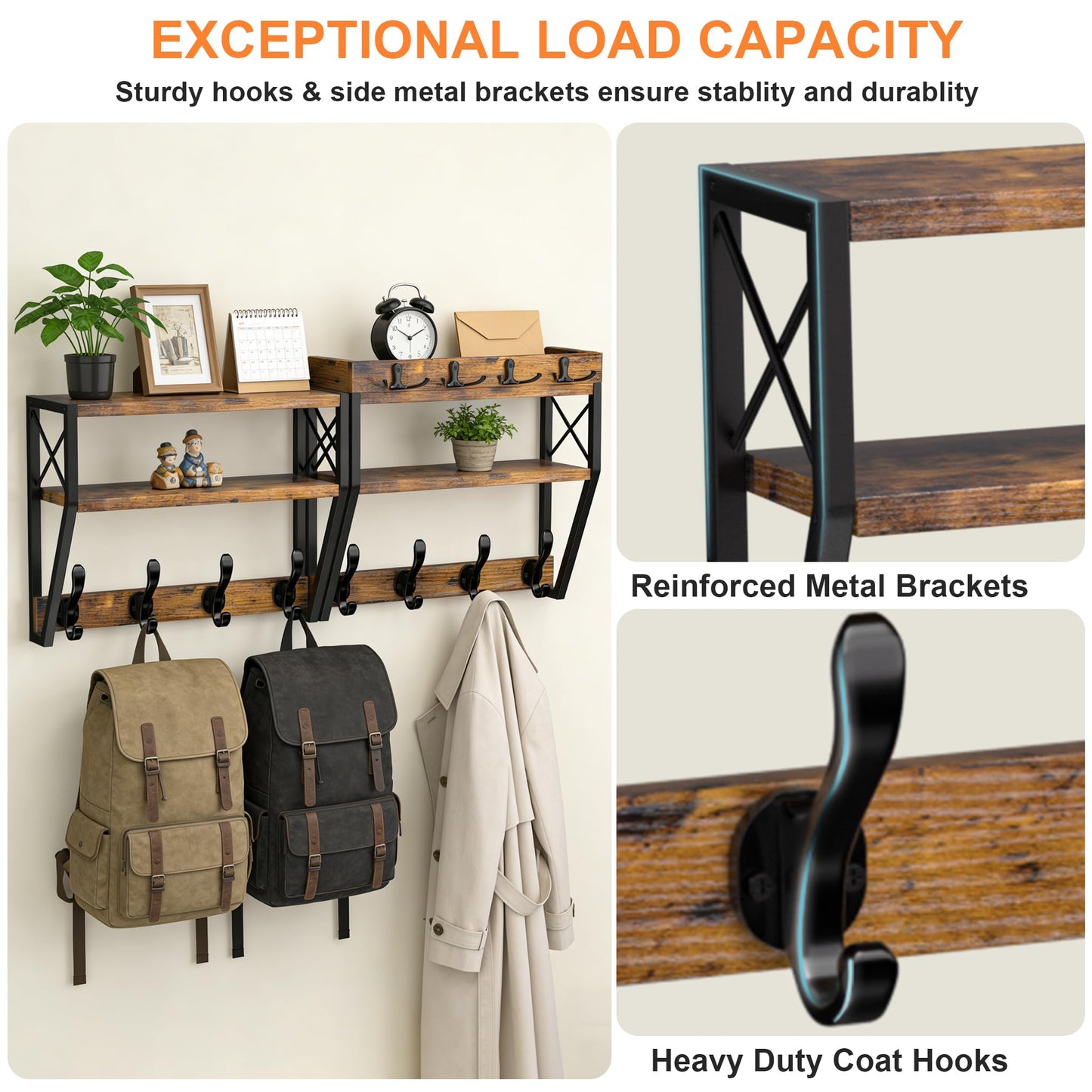 Upgraded 3-Tier Large Coat Rack Wall Mount with Shelf, 4 in 1 Versatile Coat and Key Hanger Wall Mount, 32-inch Entryway Wall Shelf with 12 Hooks and Mail Holder for Living Room Bedroom Bathroom