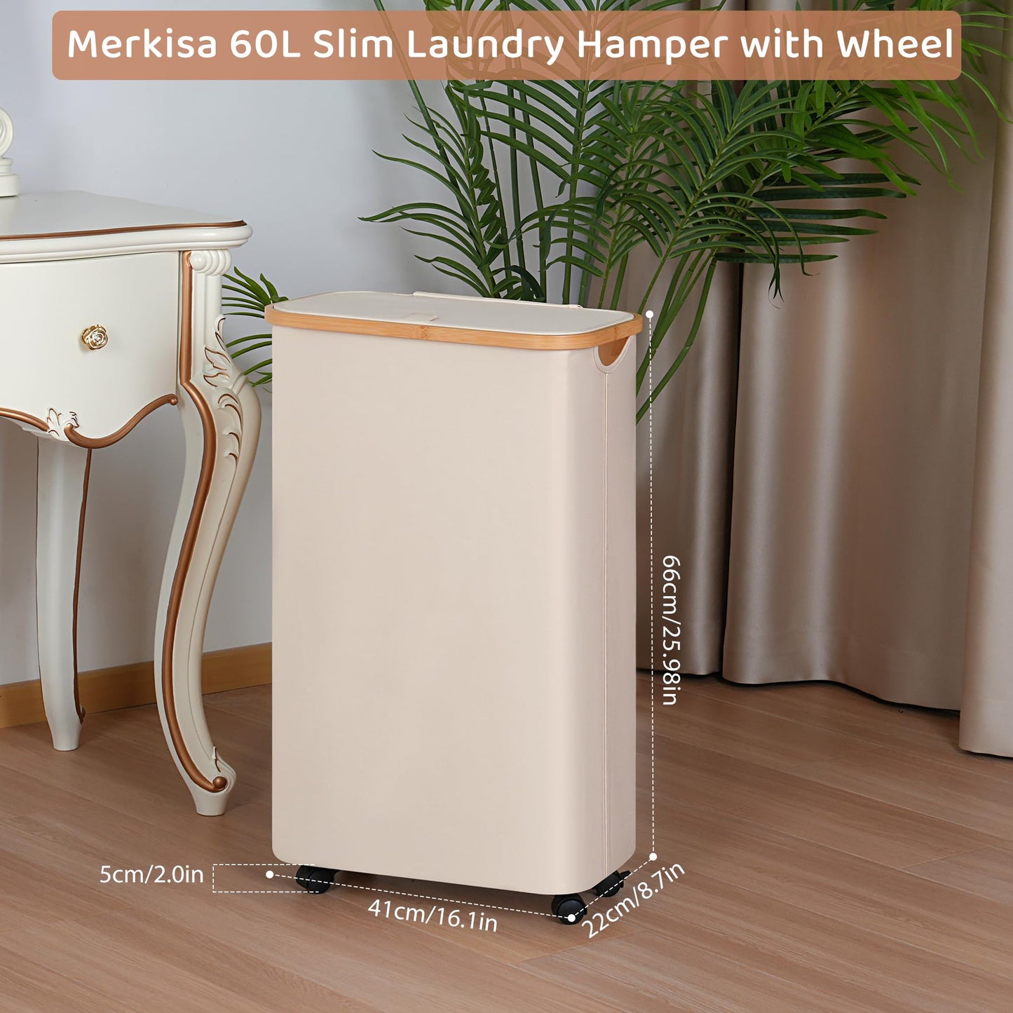 Merkisa Slim Laundry Basket with Wheels,Narrow Hampers for Laundry,Freestanding Laundry Hamper with Lid&Bamboo Handles,Collapsible & Waterproof Tall Cloth Hamper for Dorm Family(60L Beige)