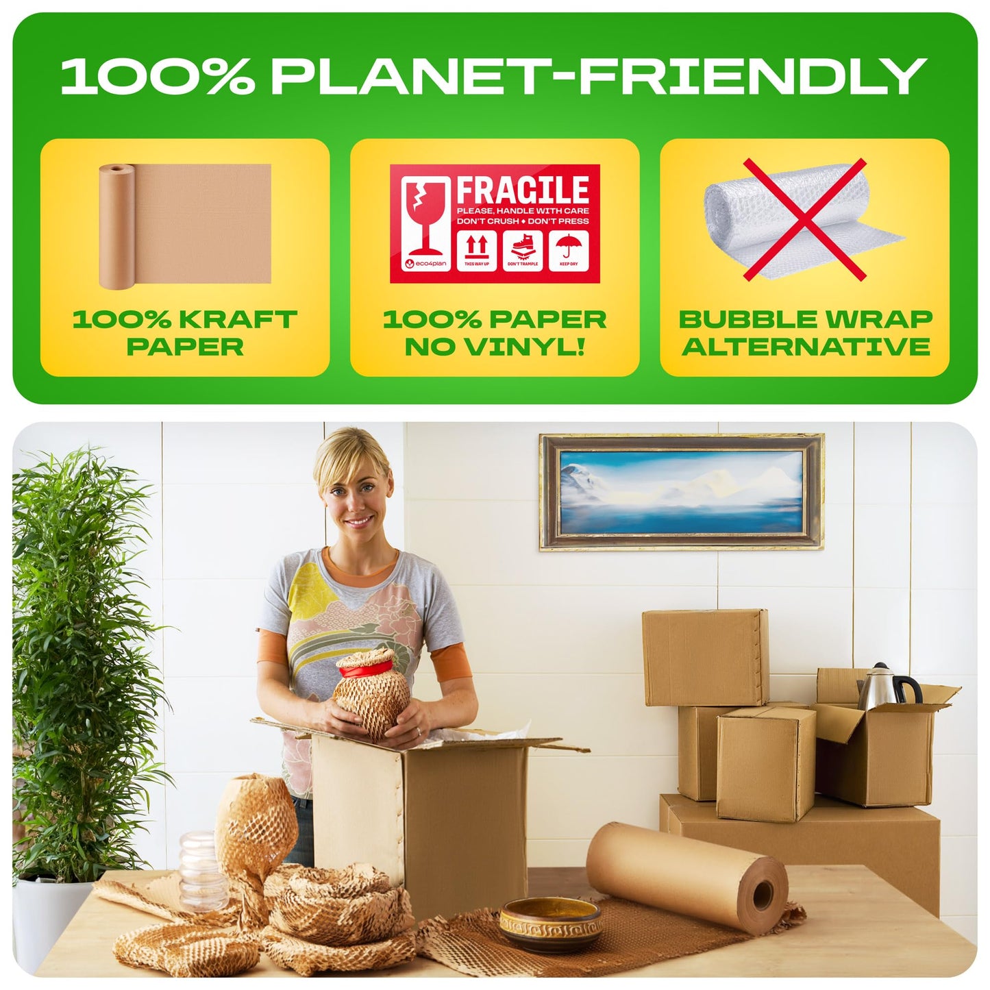 eco4plan Honeycomb Packing Paper | Extra Thick 90 GSM Packing Wrap | Biodegradable Packing Materials: 15” x 400’ Moving Paper + 30 Fragile Stickers | Paper Bubble Wrap/Packing Bubbles Substitute