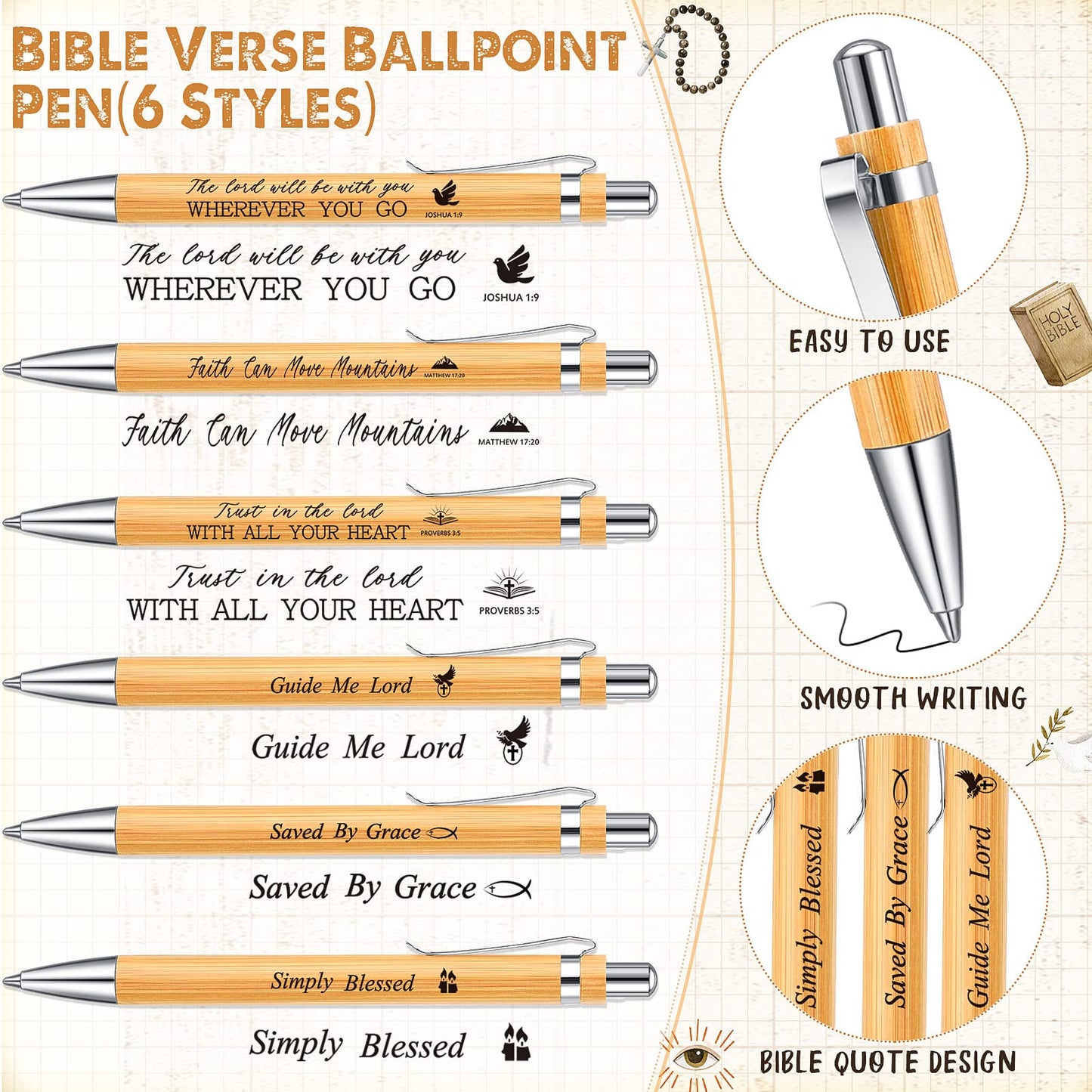 Roowest 100 Pcs Inspirational Bible Verse Bamboo Pens, Christian Ballpoint Pens for Employee Gifts, Journaling & Office Supplies – Black Ink with Velvet Pouches
