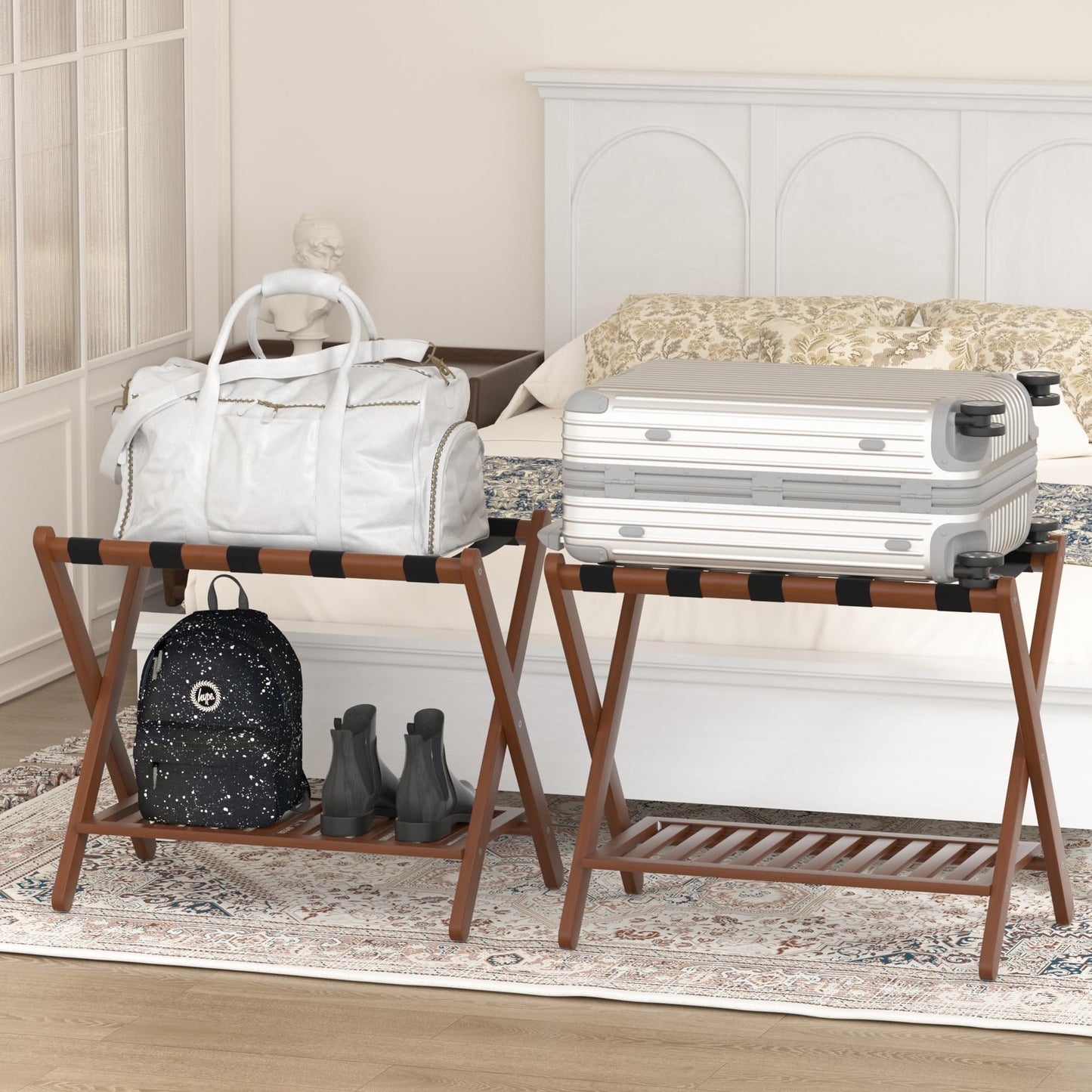 Natuvite Luggage Racks Suitcase Stand Foldable With Storage Shelf For Guest Room Hotel Essentials Solid Bamboo Heavy-Duty Item Holder Chestnut Brown