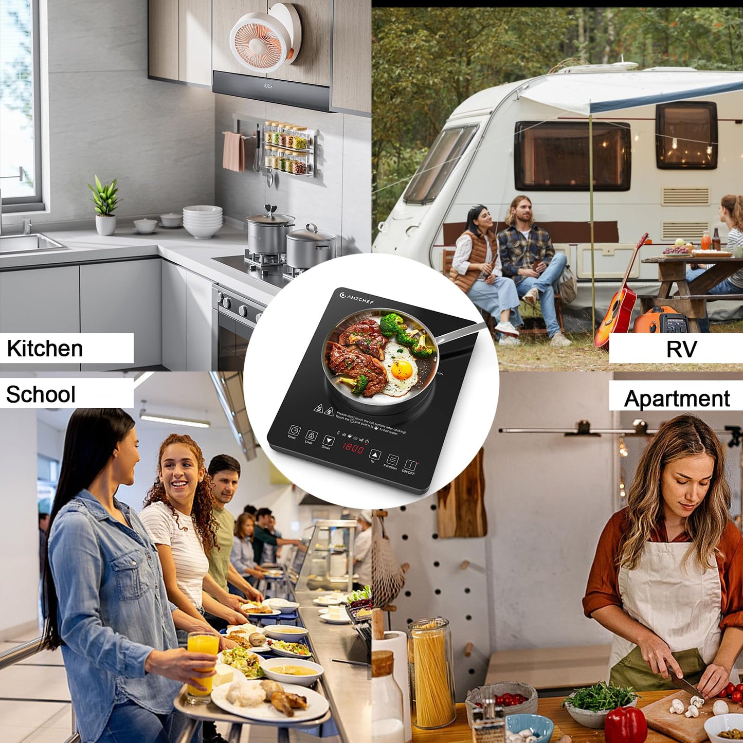 AMZCHEF Portable Induction Cooktop with 4 Preset Menus, 20 Temperature & Power Settings,1800W Countertop Burner, Safety Functions,4H Timer, Electric Hot Plate for Kitchen, RV, Apartment, Room