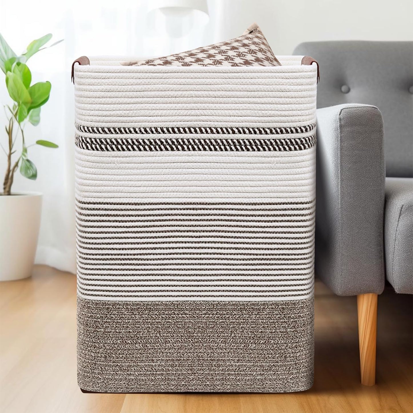 DOFASAYI Laundry Basket - 85L Large Cotton Rope Blanket Basket with Leather Handles, Decorative Storage Hamper, Clothes Hamper for Living Room, Bedroom, Rice Brown & White