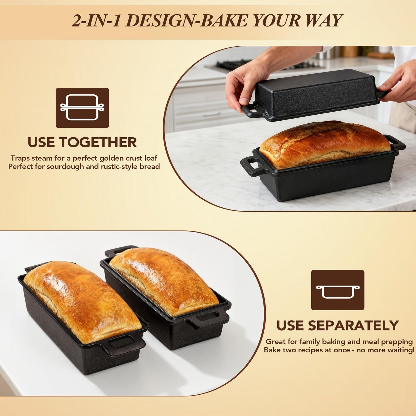 ROTTOGOON 2 in 1 Cast Iron Loaf Pan with Lid,Even Heat Distribution Bread Baking Pans for Sourdough, Homemade Bread,Cake and Meatloaf