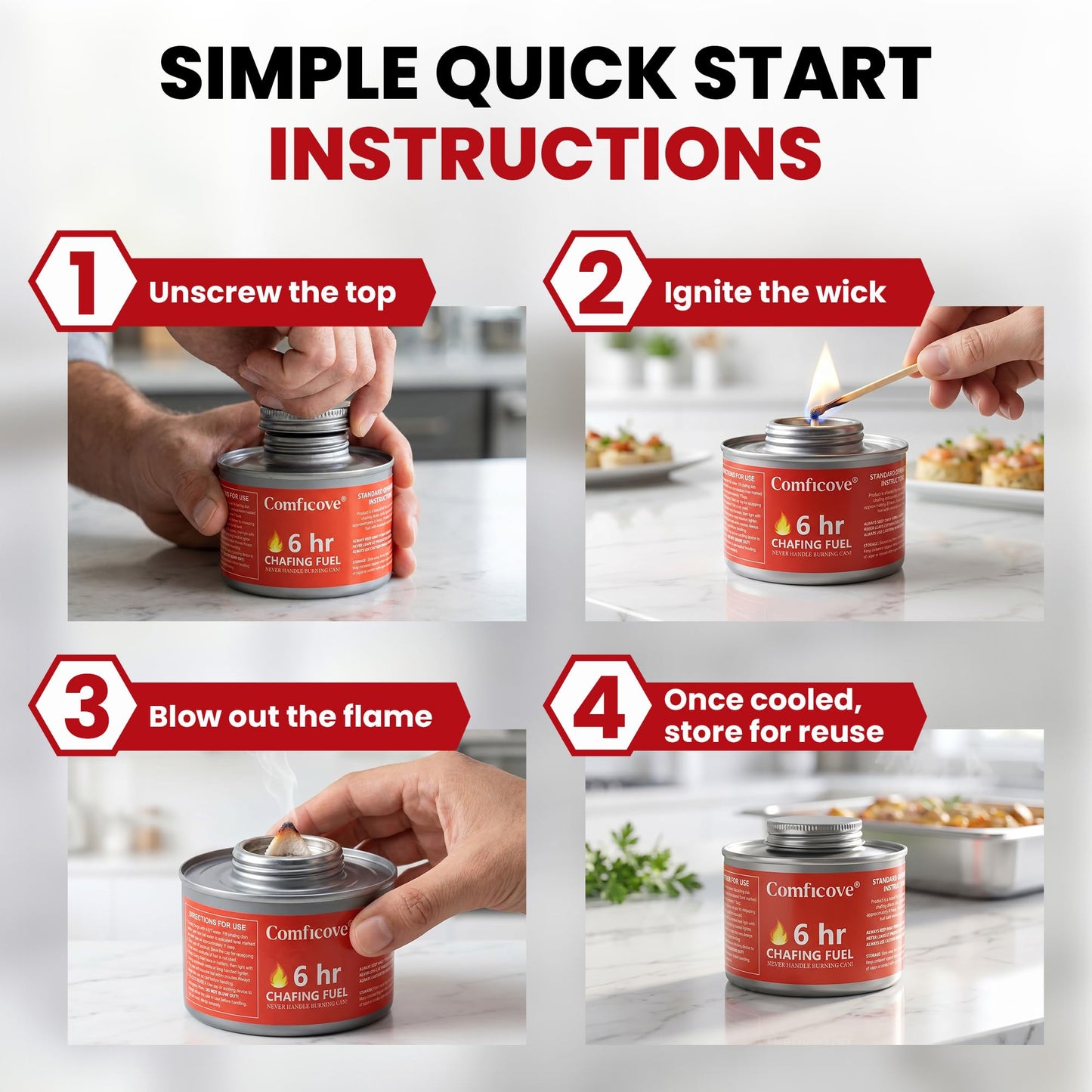 COMFICOVE 6 Hour Chafing Fuel Cans | 12 Pack Canned Heat Food Warmer Fuel Canister for Chafing Dish Buffet Set | Burners for Food Warmer with Wick