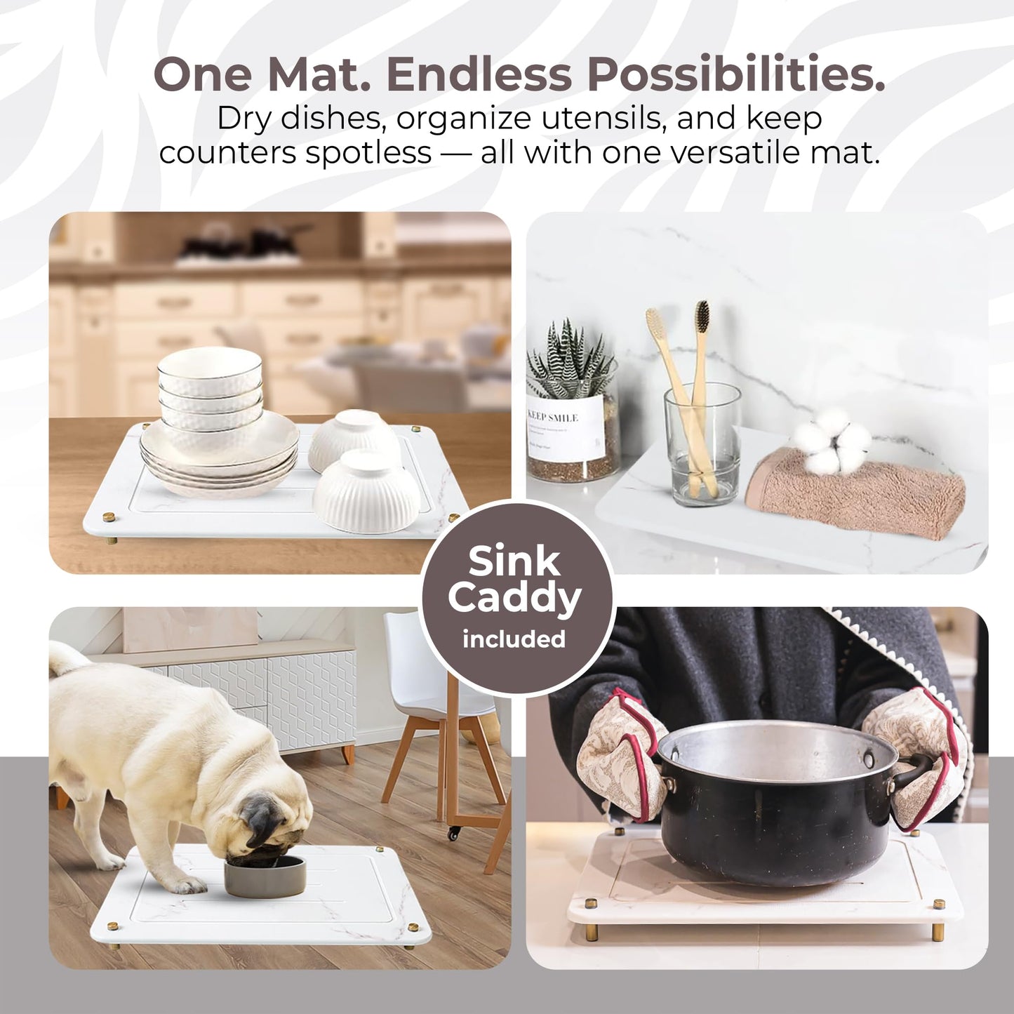 Stone Drying Mat for Kitchen Counter + Sink Caddy | 15.7"x11.8" Diatomaceous Earth Drying Mat with Stainless Steel Feet | Heat Resistant to 450°F | Eco-Friendly Dish Drying Stone for Kitchen Counter