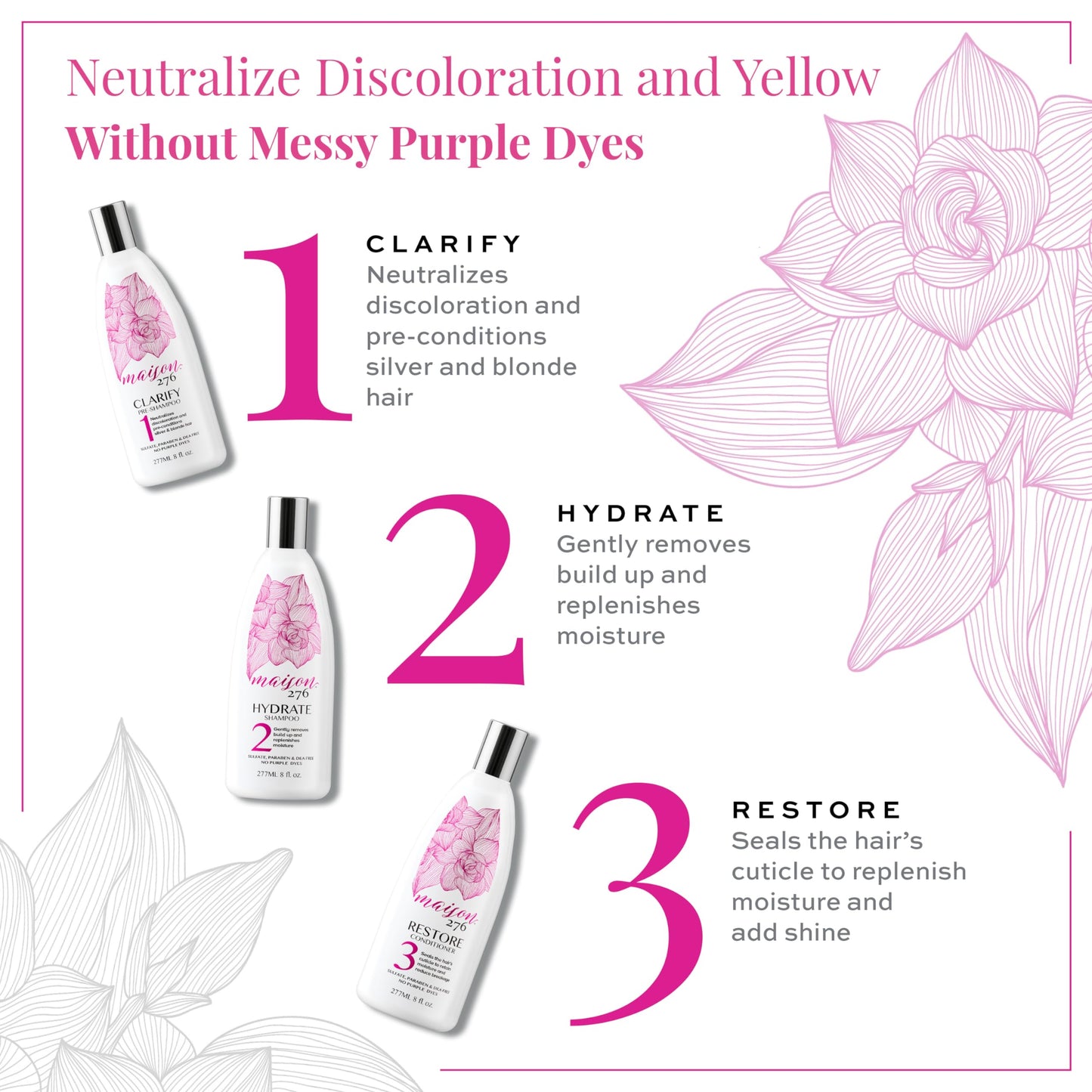 Maison 276 Pre-Shampoo, Shampoo and Conditioner for Silver, Gray & Blonde Hair, 3-Step System Tone-Correcting Shampoo, NOT a Purple Shampoo, Neutralizes Brassiness, Sulfate-Free, 3x 8oz Bottles