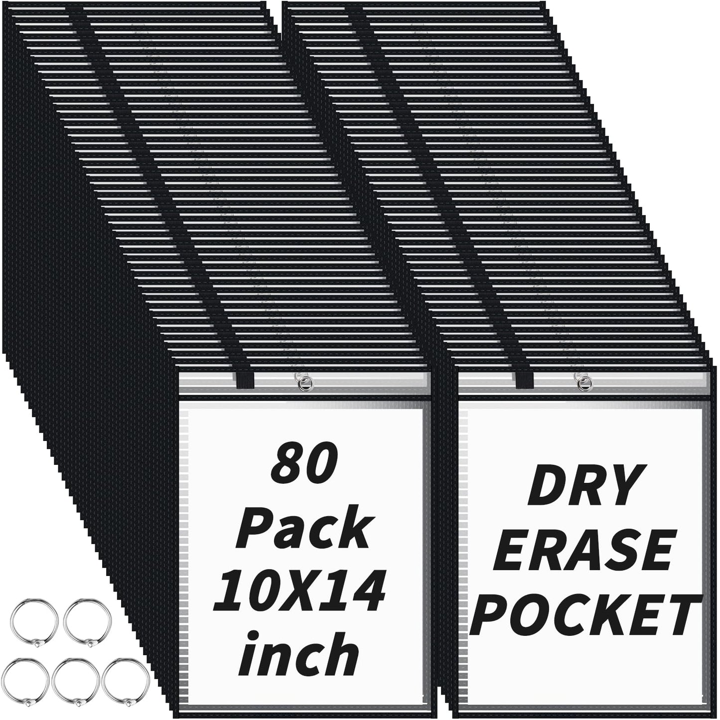 80 Packs Dry-Erase Pockets Bulk Oversized Reusable Dry Erase Pocket Sleeves with 5 Rings, 10x14 Black Ticket Holders, Clear Plastic Sheet Protectors, Teacher School Classroom Supplies