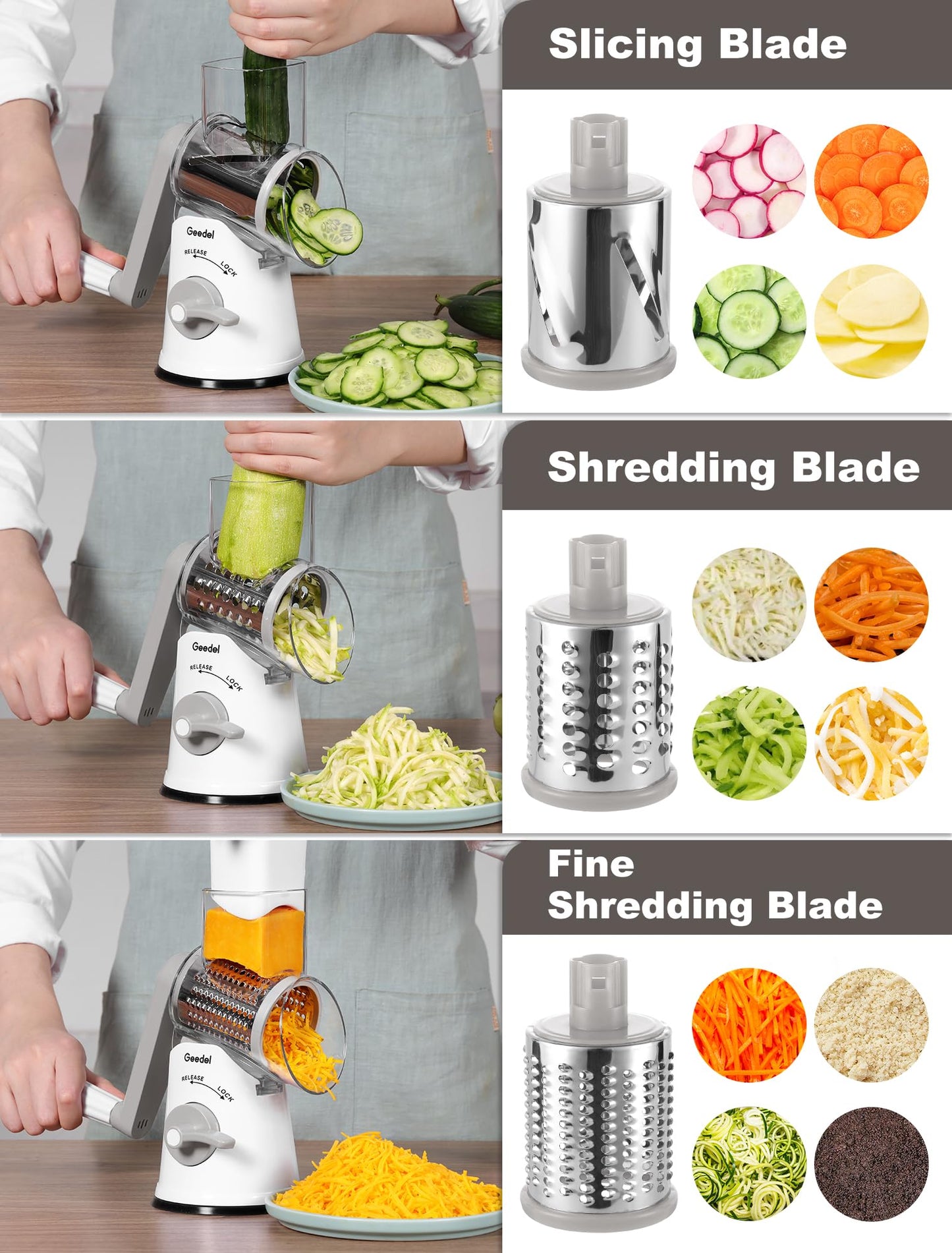 Geedel Rotary Cheese Grater Vegetable Shredder With 6 Interchangeable Blades No Slip Suction Base, Mandoline Slicer & Food Chopper for Cheese, Ice, Nuts, Vegetables, Veggie