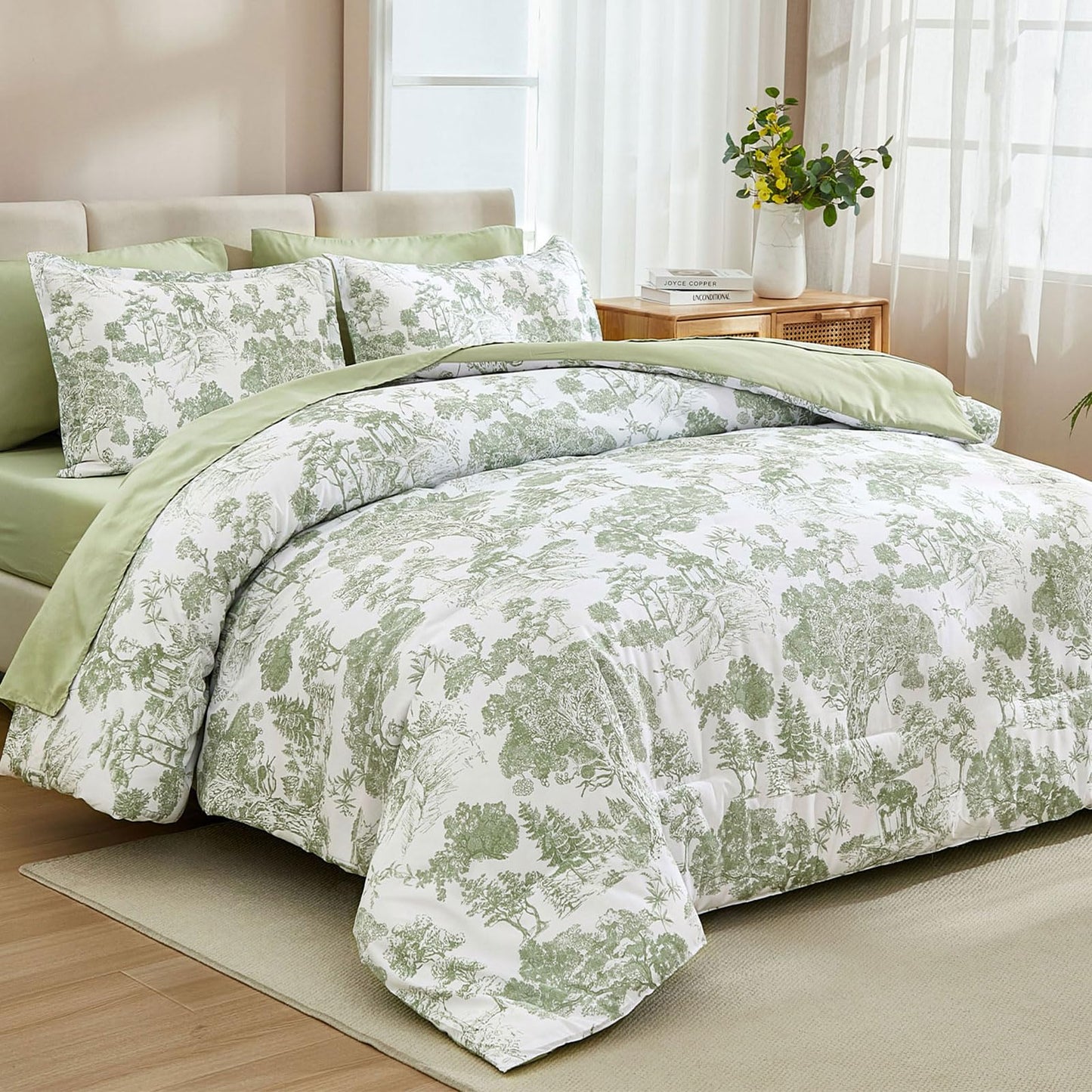 DJY Sage Green Comforter Set King, 7 Pieces Bed in a Bag King Size Botanical Comforters with Sheets Elegant Plants Print Soft Microfiber Reversible Complete Bedding Sets for All Season