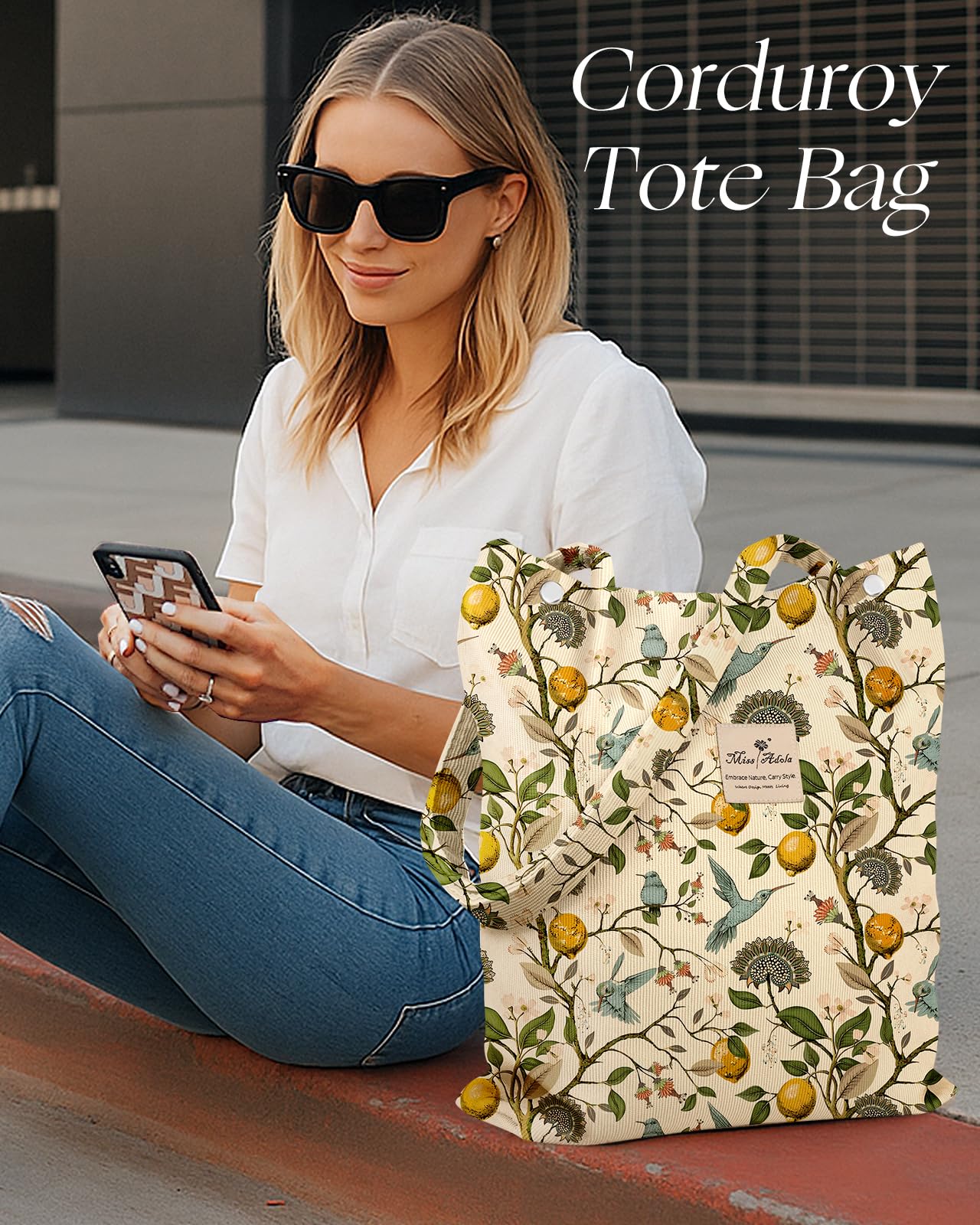 Miss Adola Corduroy Tote Bag for Women - Reusable Totes with Inner Pocket & Buckle Cute Aesthetic Design Cloth Shopping Grocery Shoulder Bag for Work Travel, Lemon Flower Bird