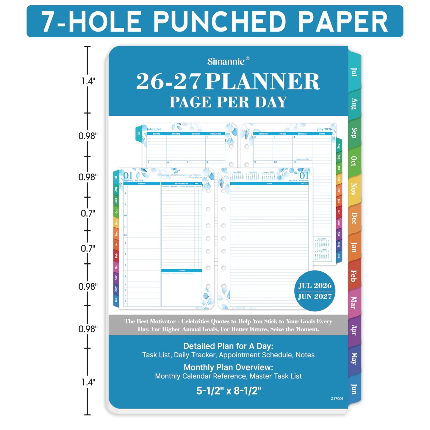 2026-2027 Planner Refills – July 2026 - June 2027, Daily Planner Refills 2026-2027, Two Pages Per Day Daily & Monthly Planner Inserts, 8.38" x 5.51", Ring-Bound with Tabs