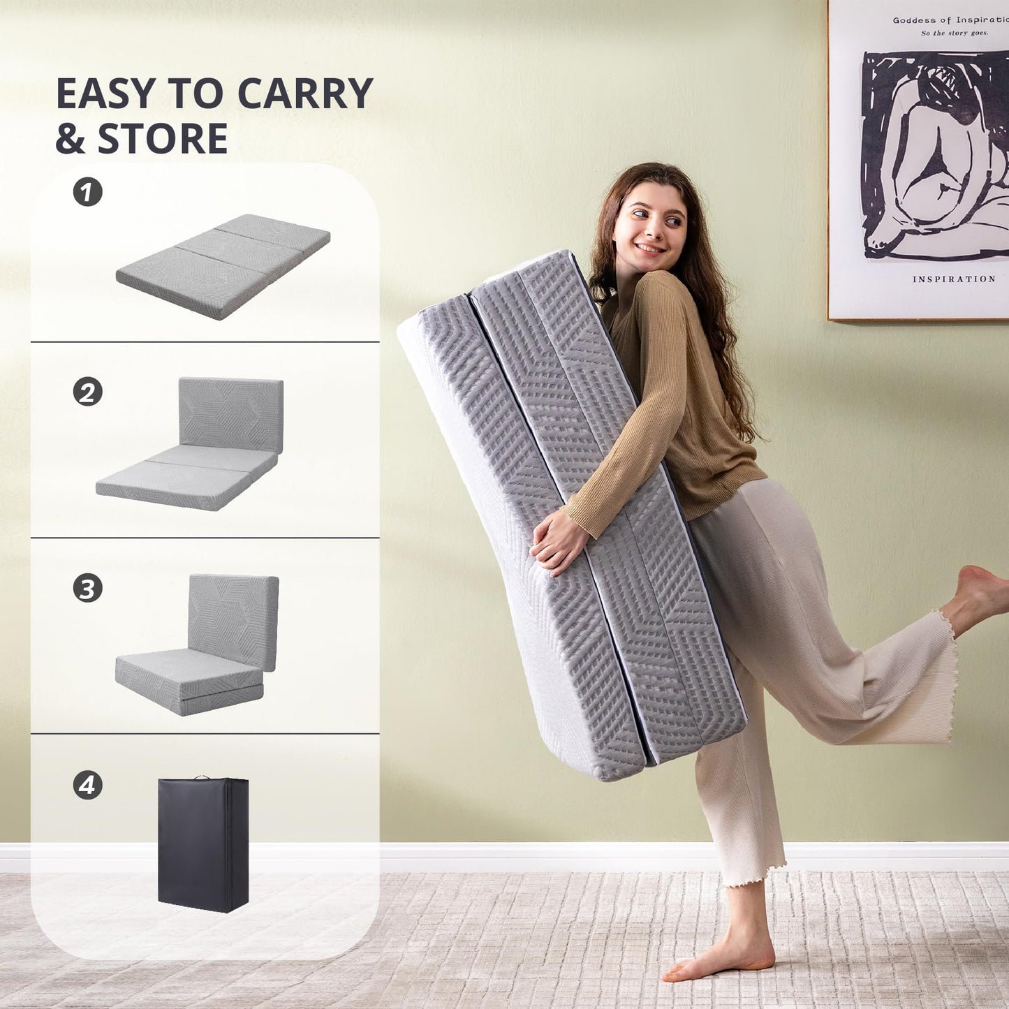 CH Charme House Folding Mattress, 4 Inch Single Tri Folding Memory Foam Mattress for Camping Guest Bed, Washable Cover & Non-Slip Bottom, 75" x 25" x 4", Grey